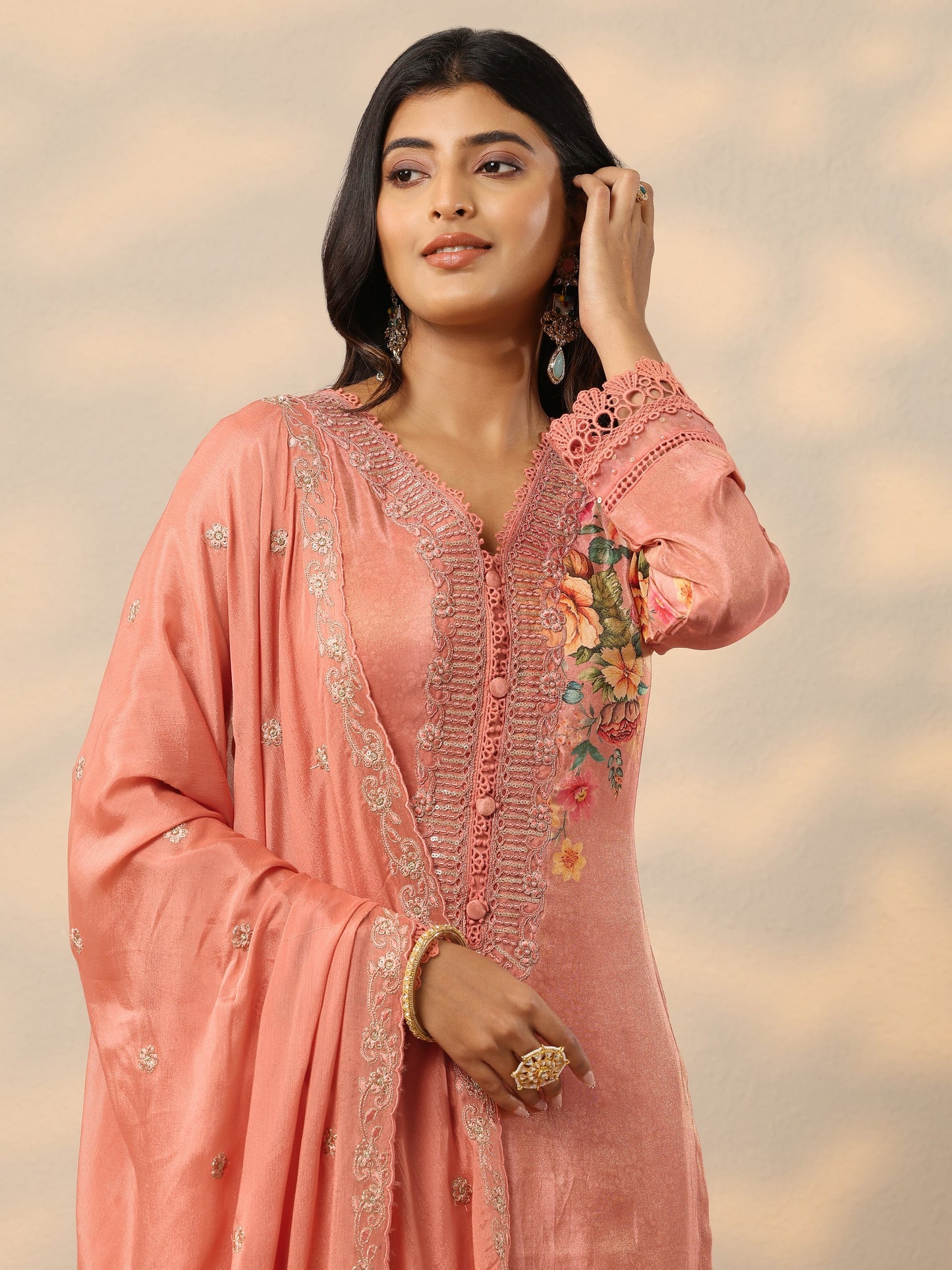 Libas Art Peach Embroidered Crepe Straight Suit Set With Dupatta