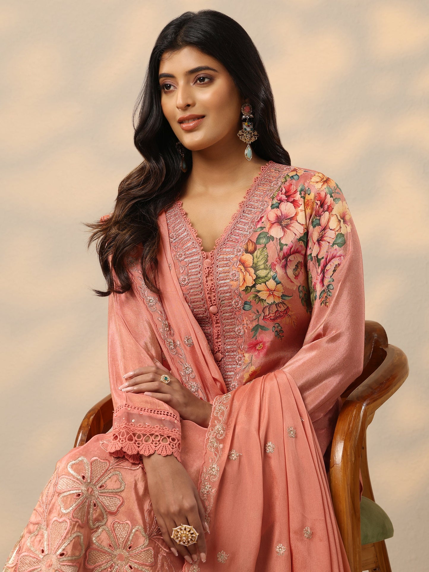 Libas Art Peach Embroidered Crepe Straight Suit Set With Dupatta