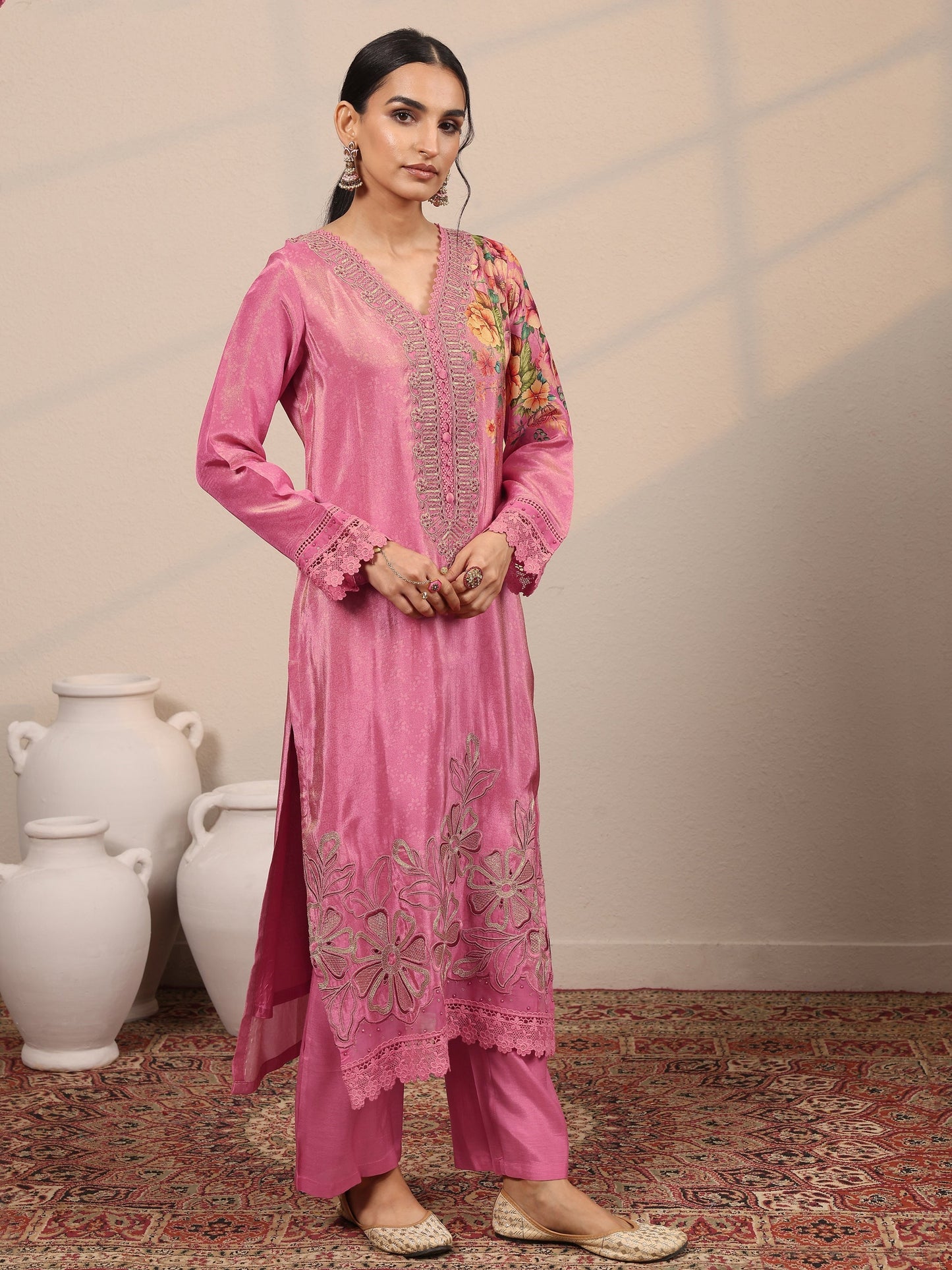 Libas Art Pink Embroidered Crepe Straight Suit Set With Dupatta
