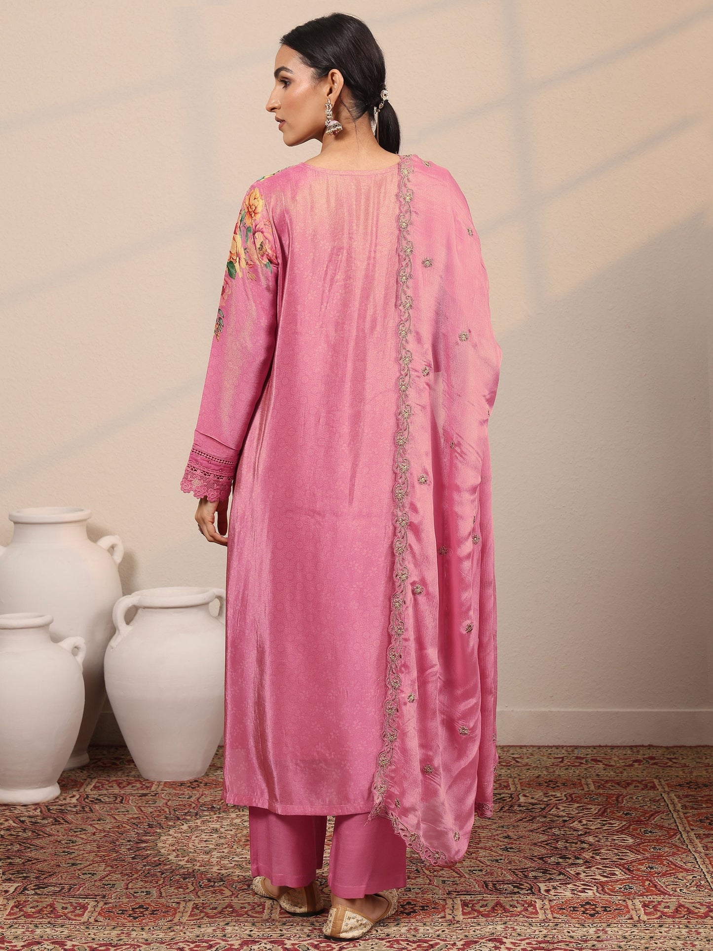 Libas Art Pink Embroidered Crepe Straight Suit Set With Dupatta