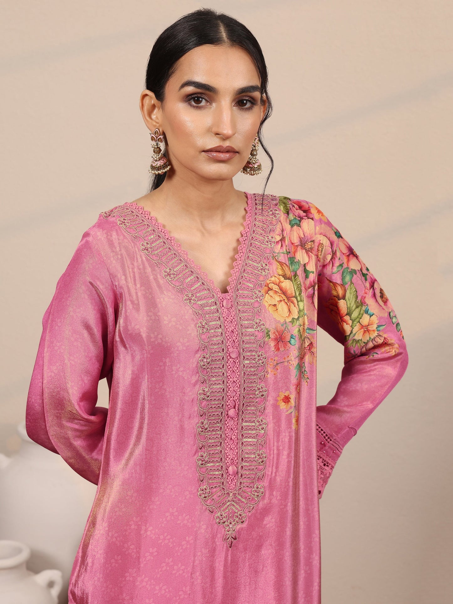 Libas Art Pink Embroidered Crepe Straight Suit Set With Dupatta