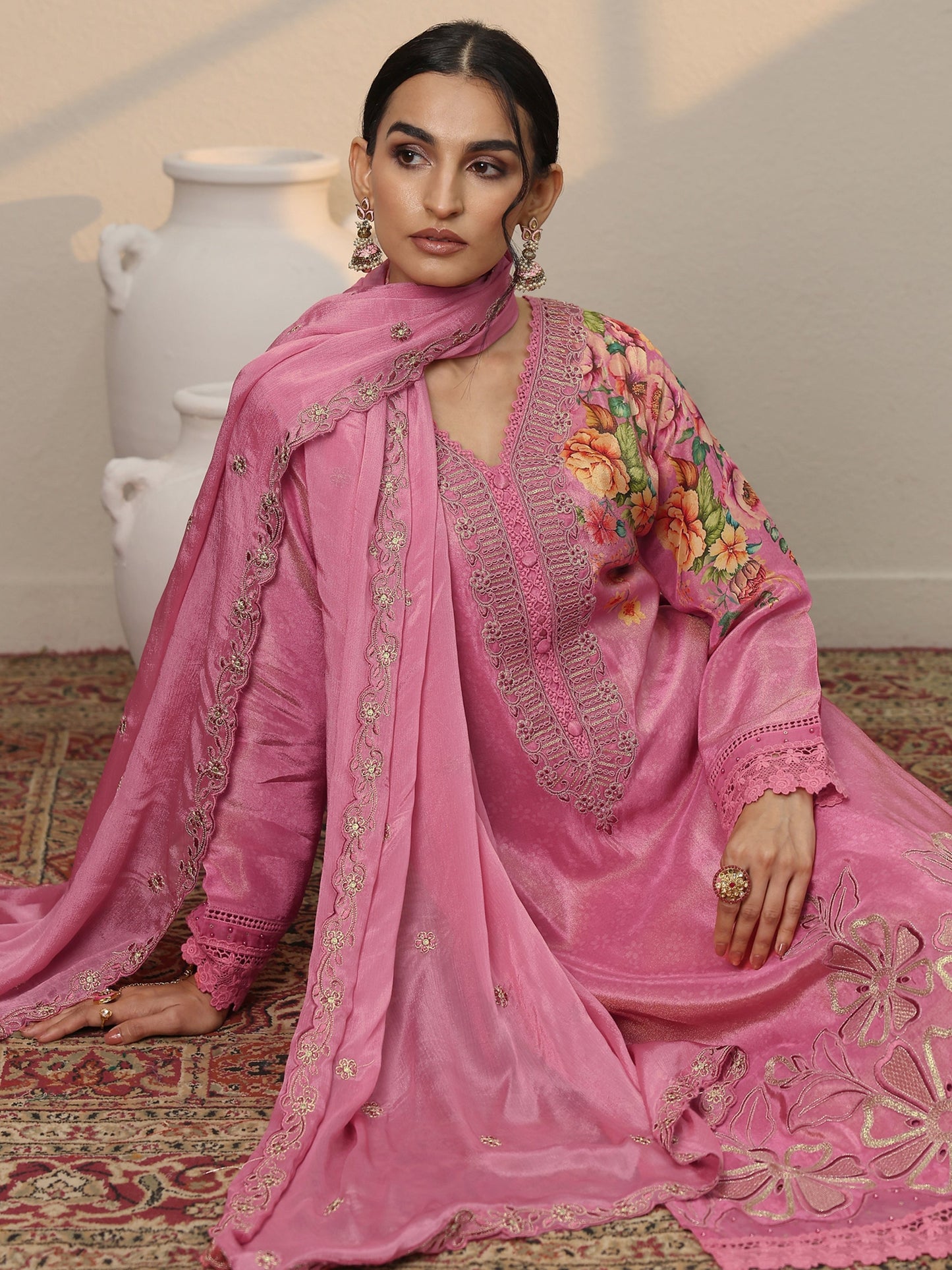 Libas Art Pink Embroidered Crepe Straight Suit Set With Dupatta