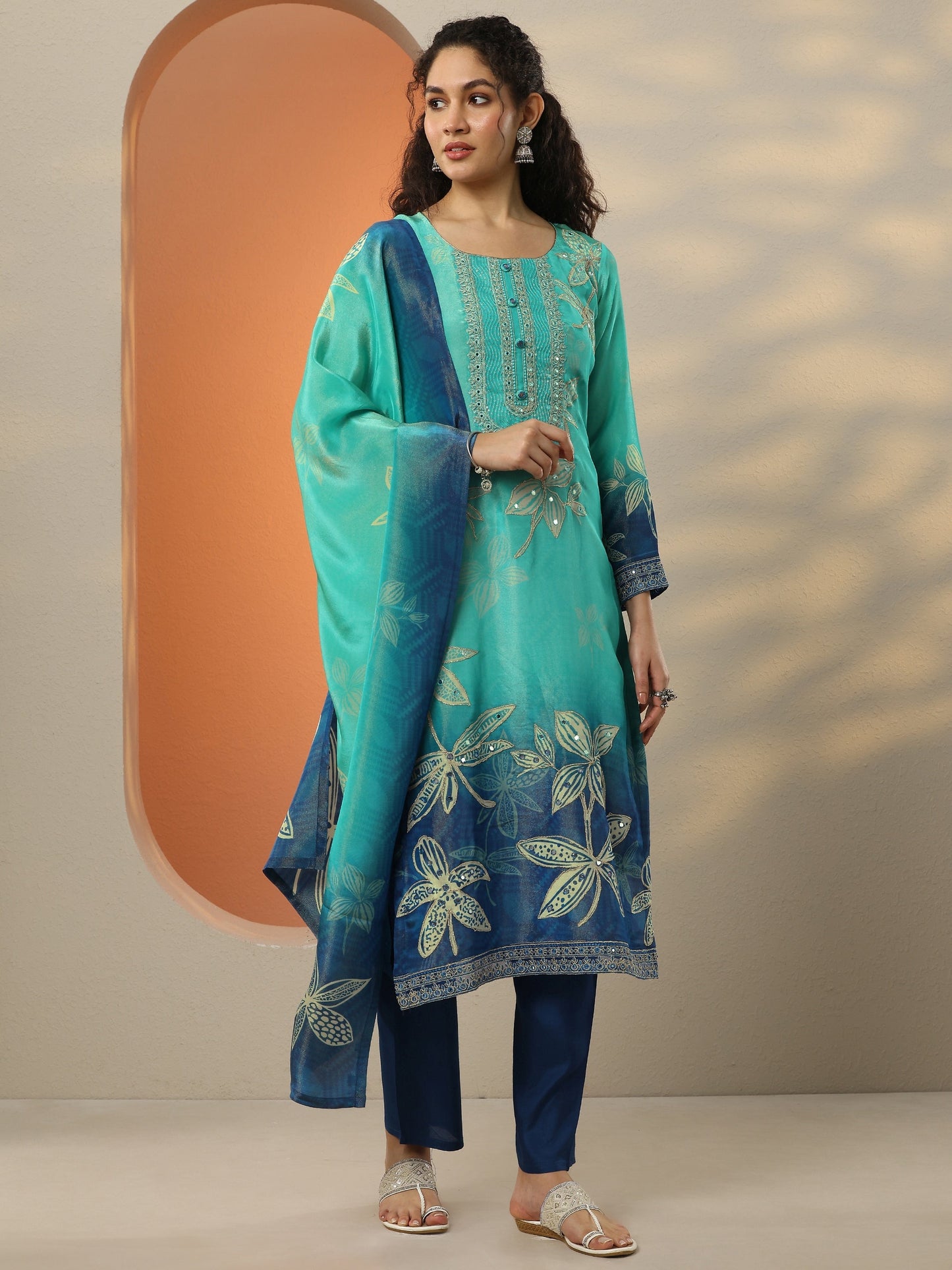 Libas Art Blue Embroidered Crepe Straight Suit Set With Dupatta