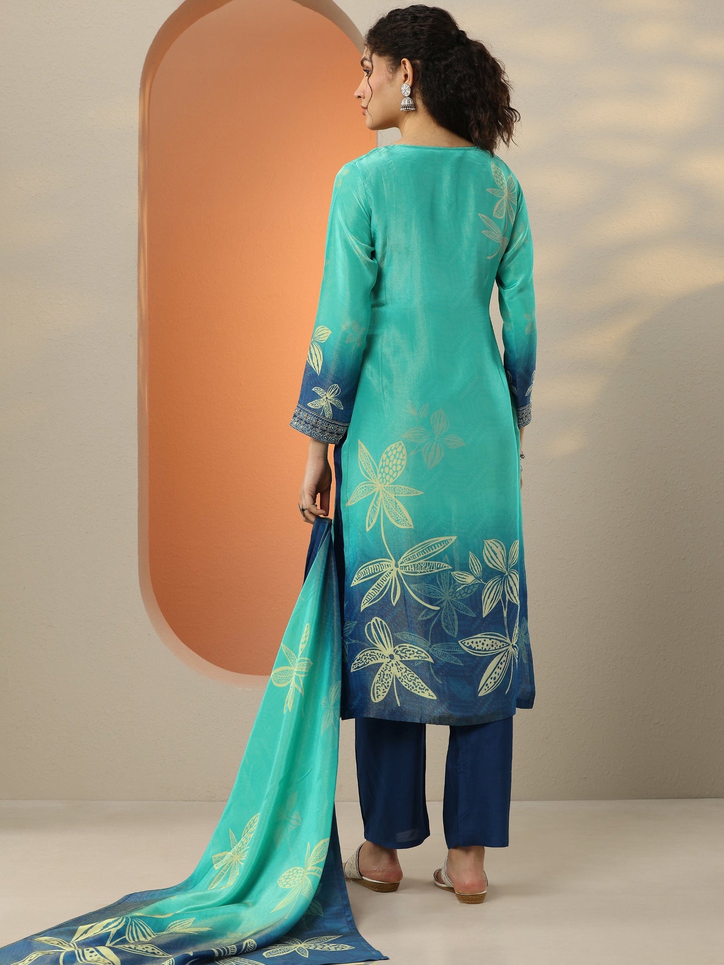 Libas Art Blue Embroidered Crepe Straight Suit Set With Dupatta