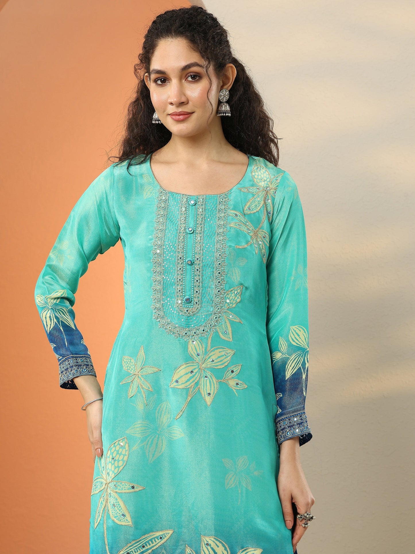 Libas Art Blue Embroidered Crepe Straight Suit Set With Dupatta