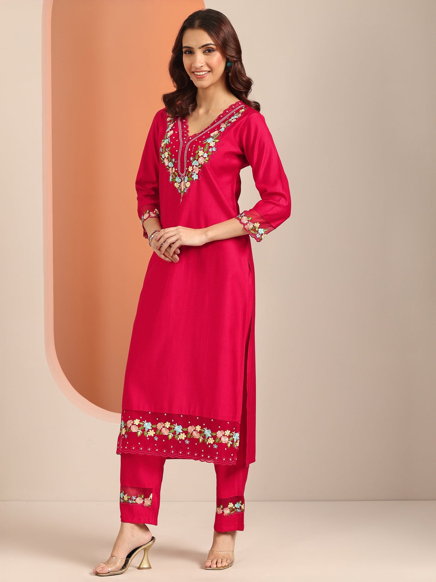 Red Embroidered Silk Blend Straight Suit Set With Dupatta