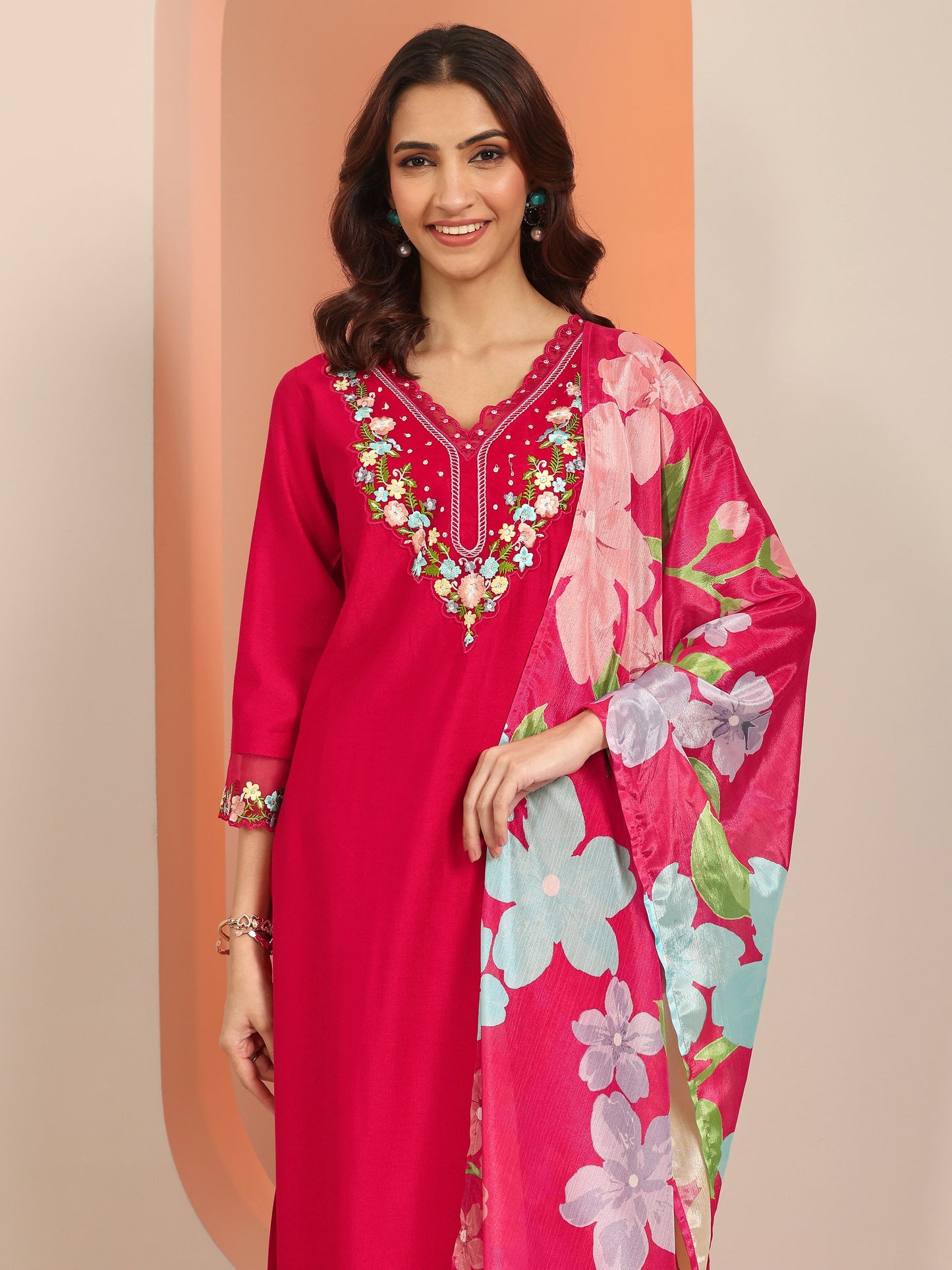 Red Embroidered Silk Blend Straight Suit Set With Dupatta