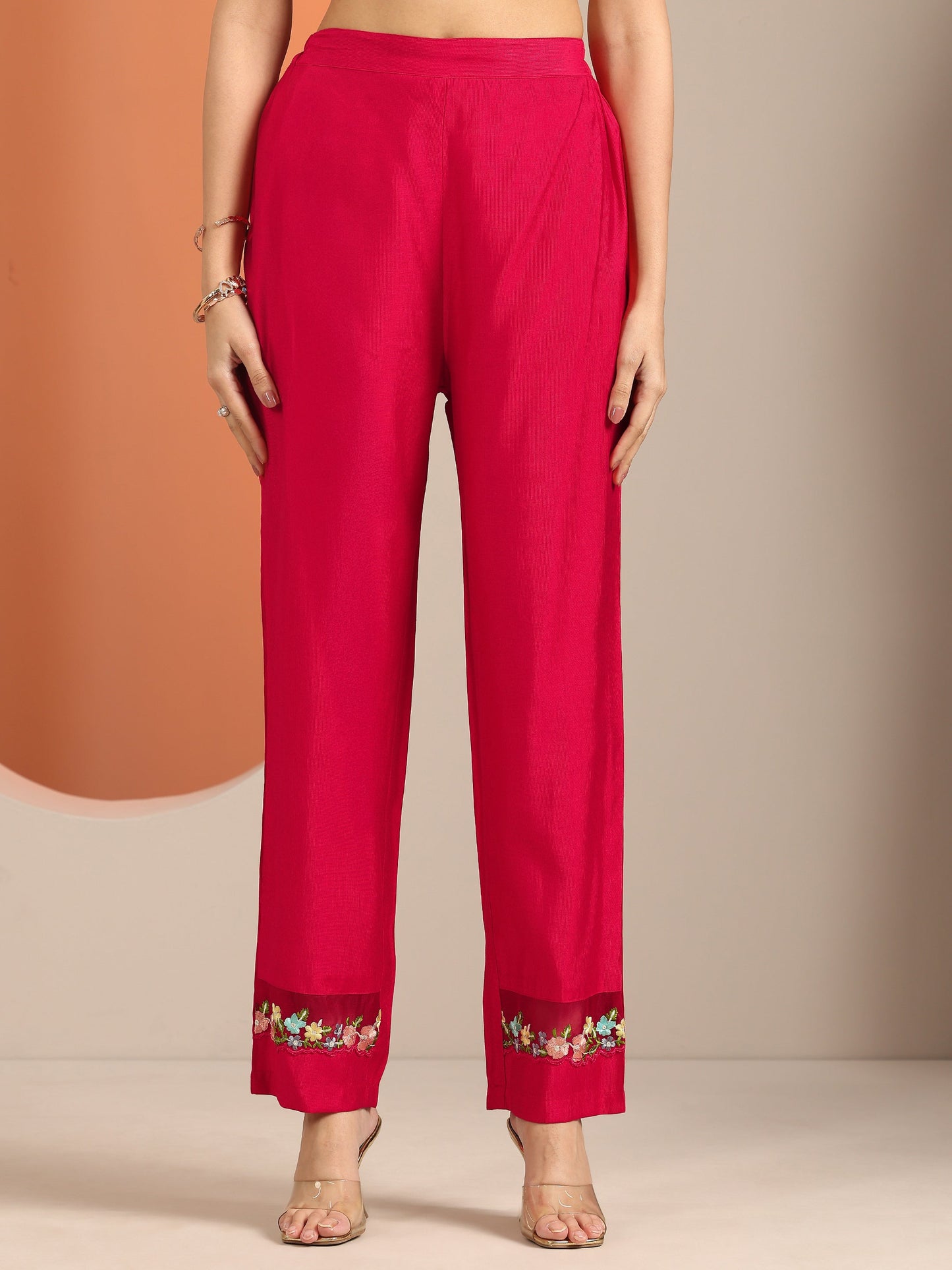 Red Embroidered Silk Blend Straight Suit Set With Dupatta