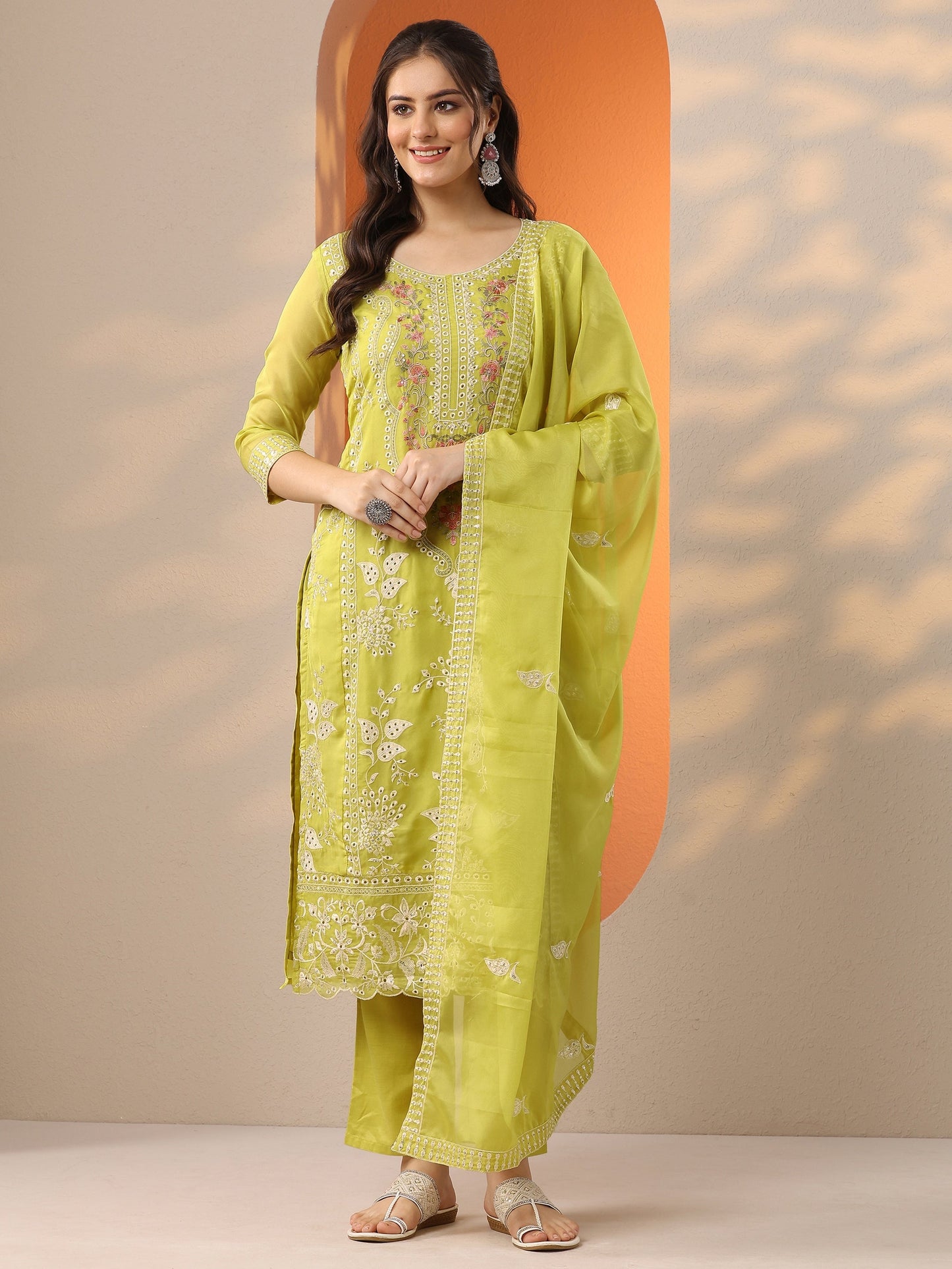 Green Embroidered Organza Straight Suit Set With Dupatta