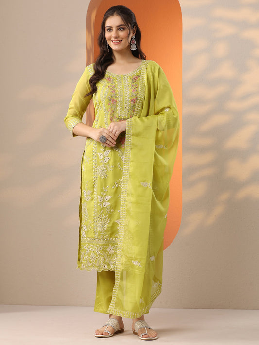 Green Embroidered Organza Straight Suit Set With Dupatta