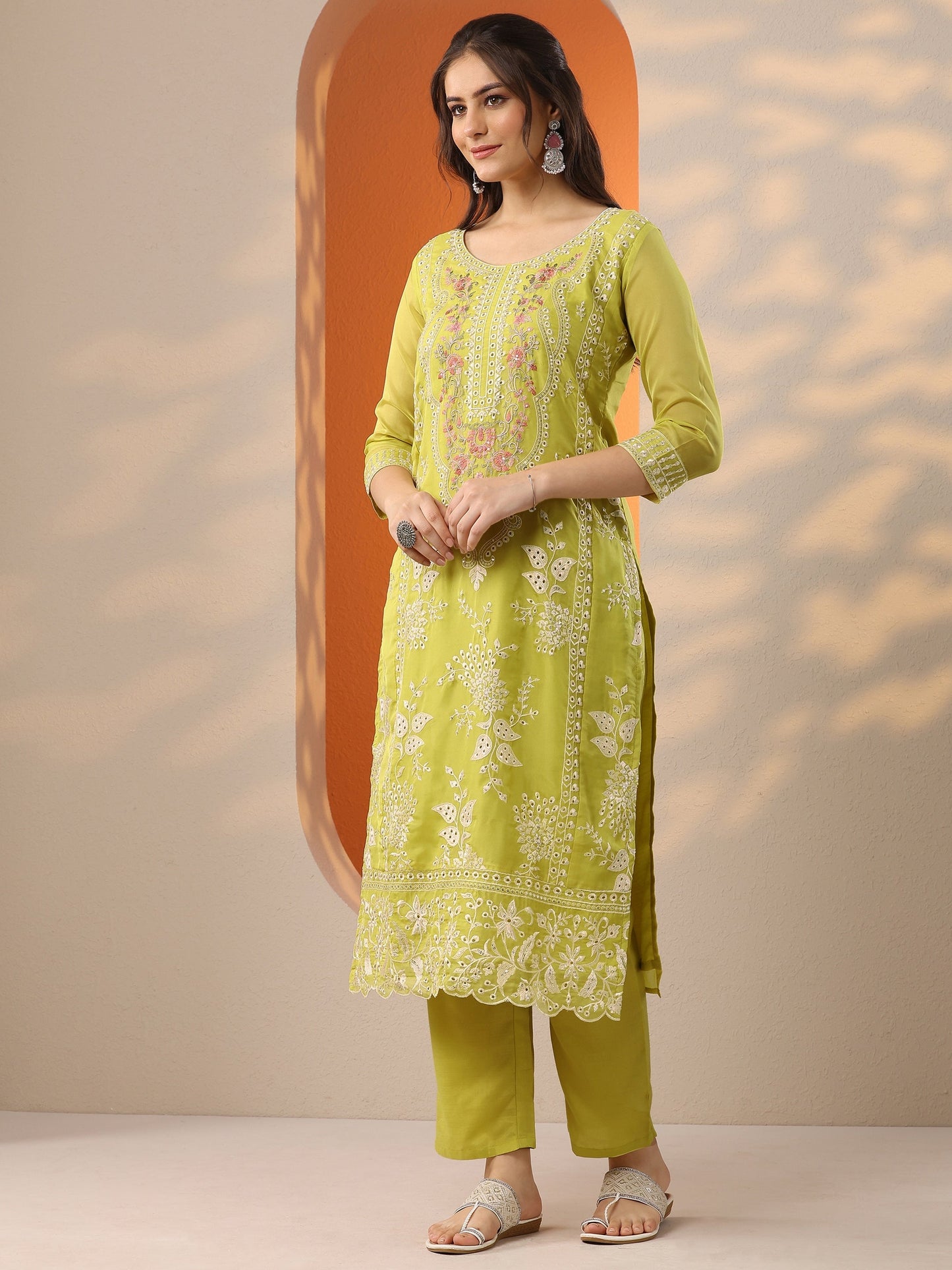 Green Embroidered Organza Straight Suit Set With Dupatta