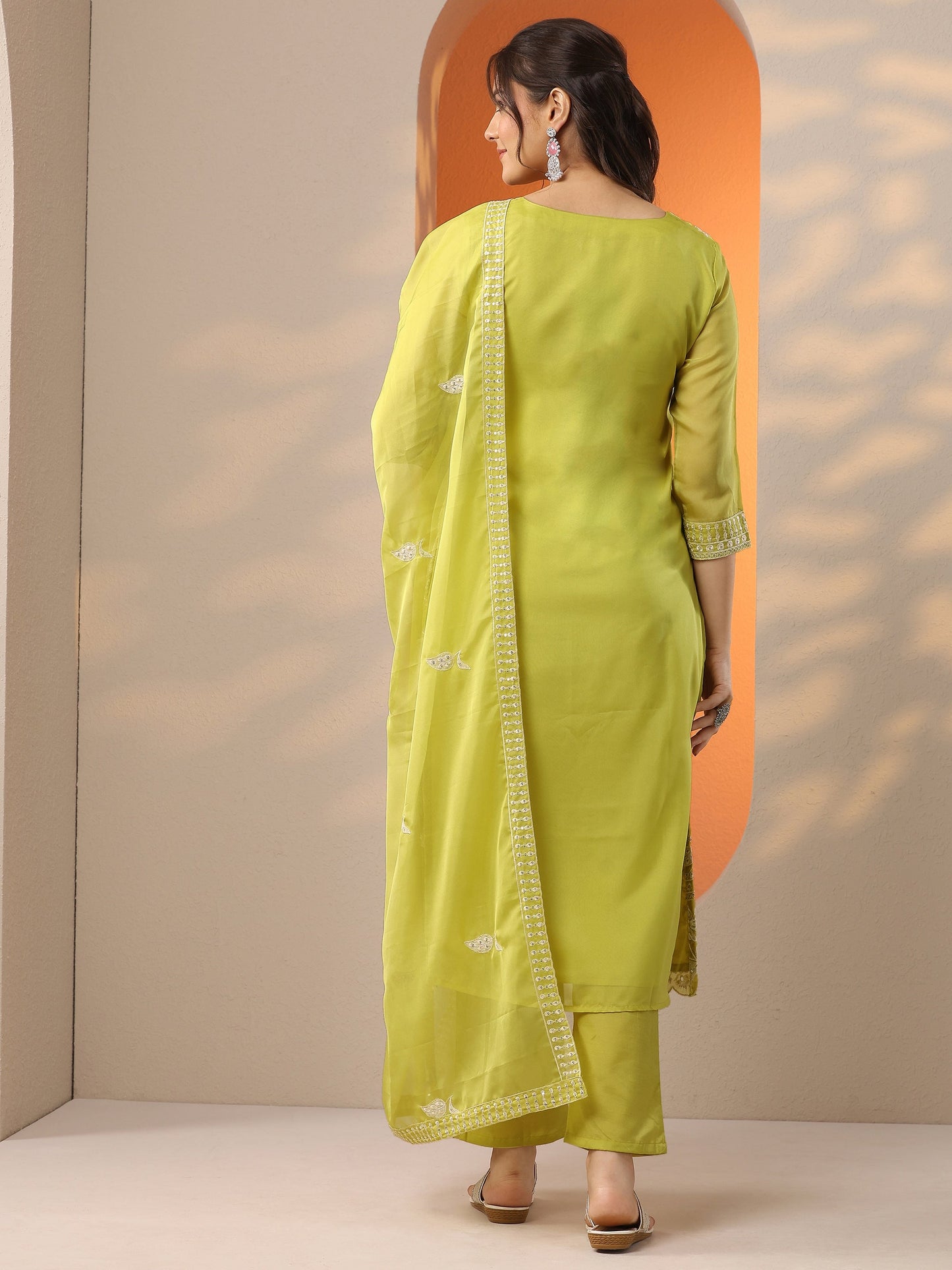 Green Embroidered Organza Straight Suit Set With Dupatta