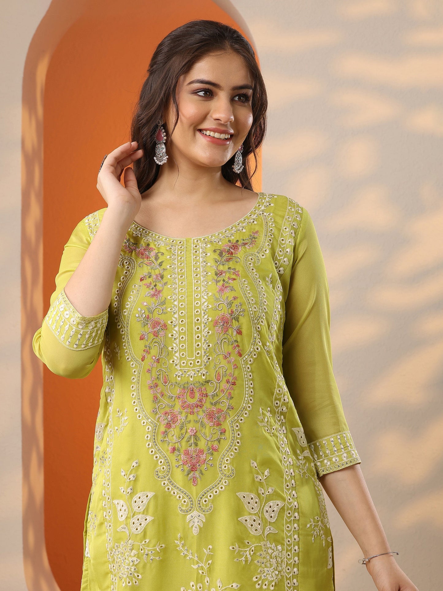 Green Embroidered Organza Straight Suit Set With Dupatta