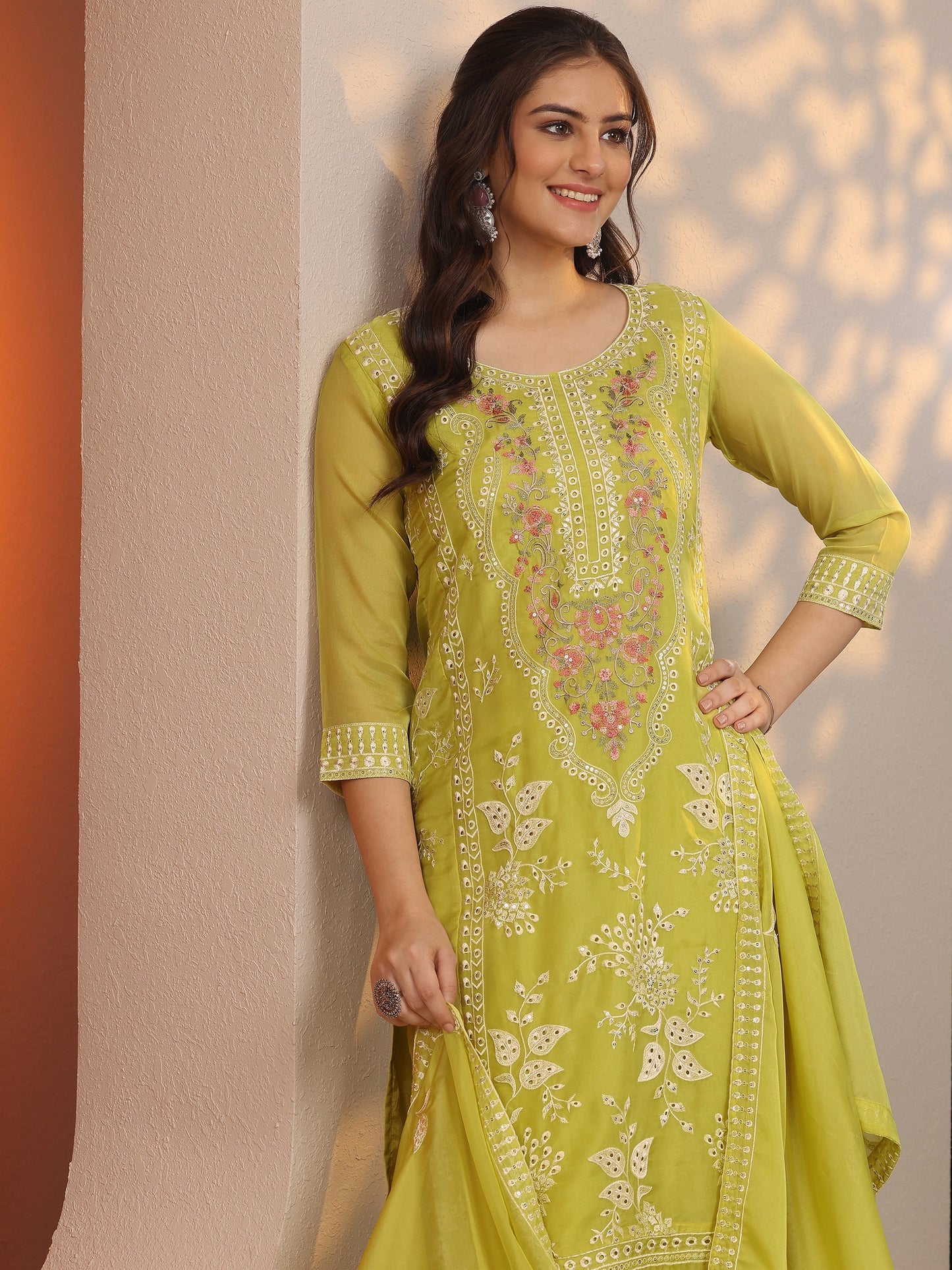 Green Embroidered Organza Straight Suit Set With Dupatta