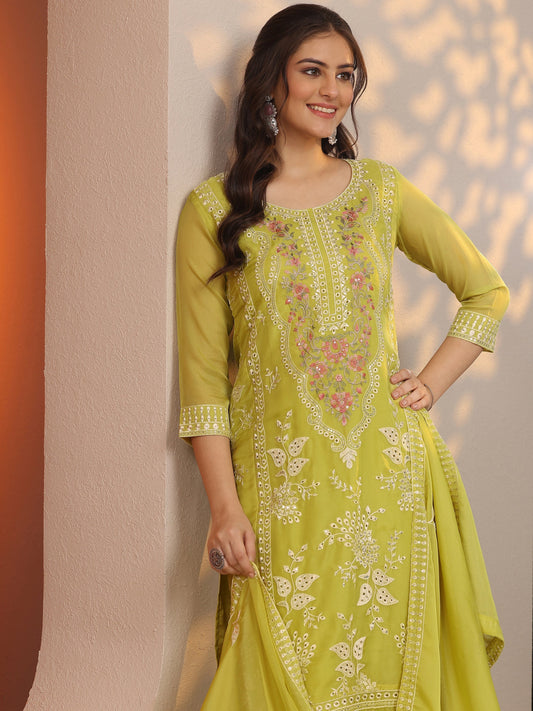 Green Embroidered Organza Straight Suit Set With Dupatta