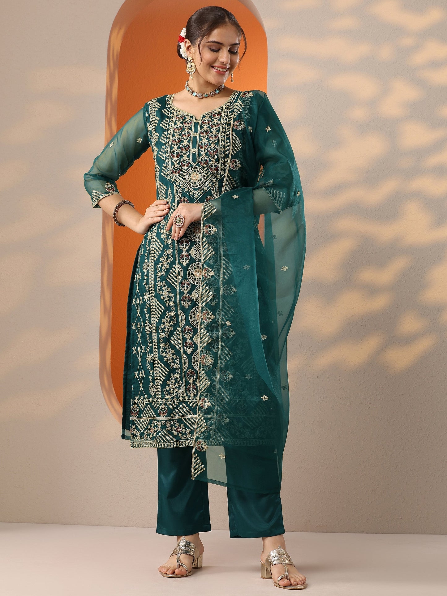 Teal Embroidered Organza Straight Suit Set With Dupatta