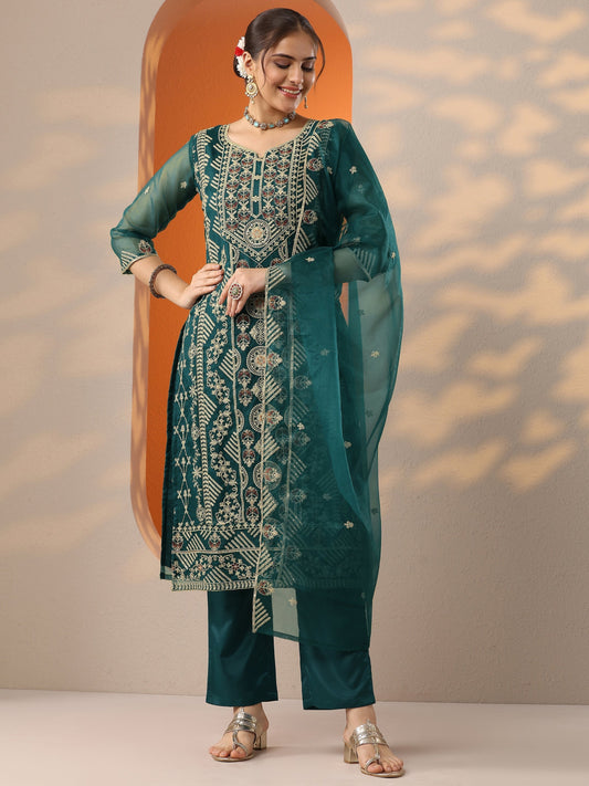 Teal Embroidered Organza Straight Suit Set With Dupatta