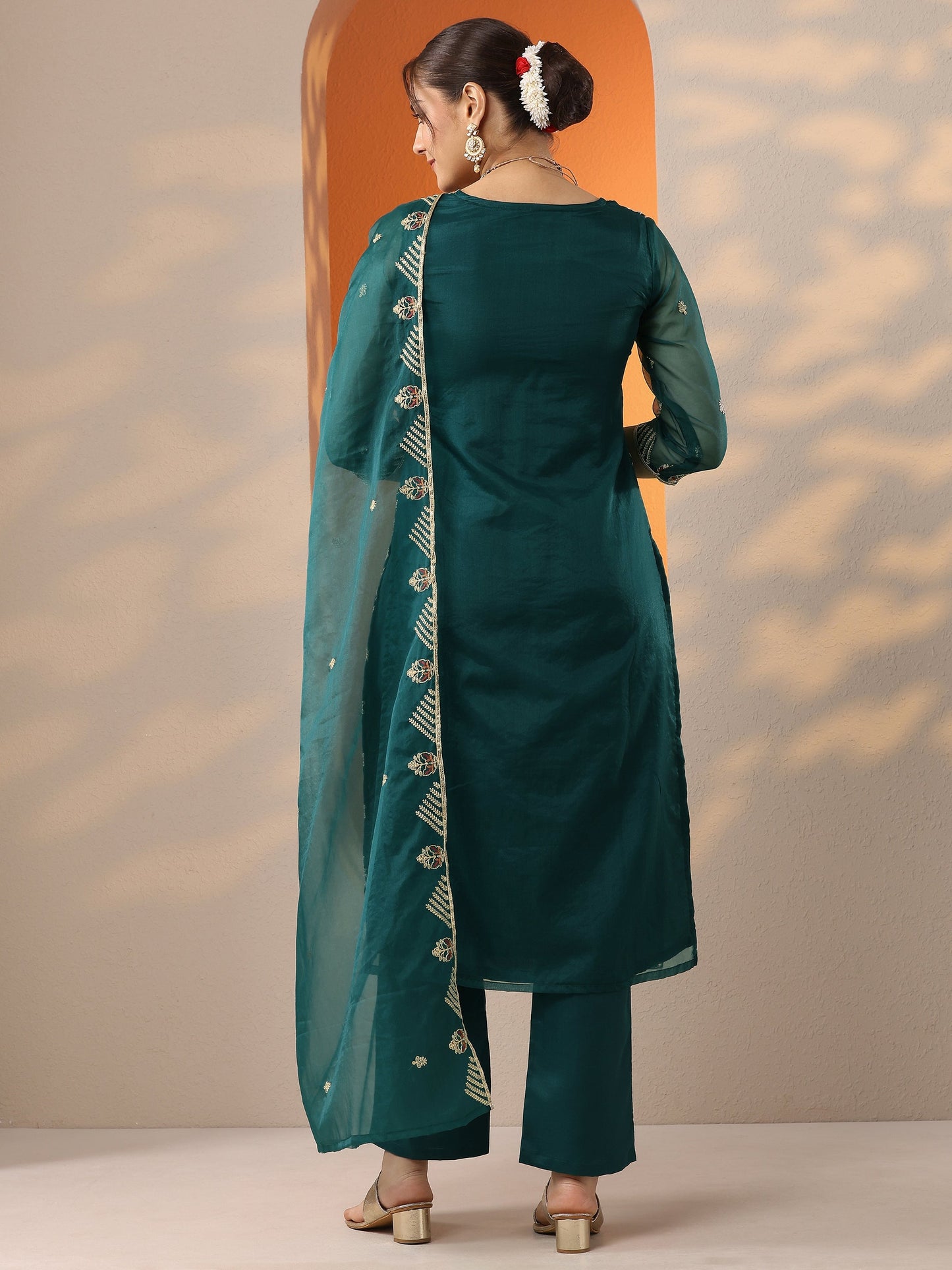 Teal Embroidered Organza Straight Suit Set With Dupatta