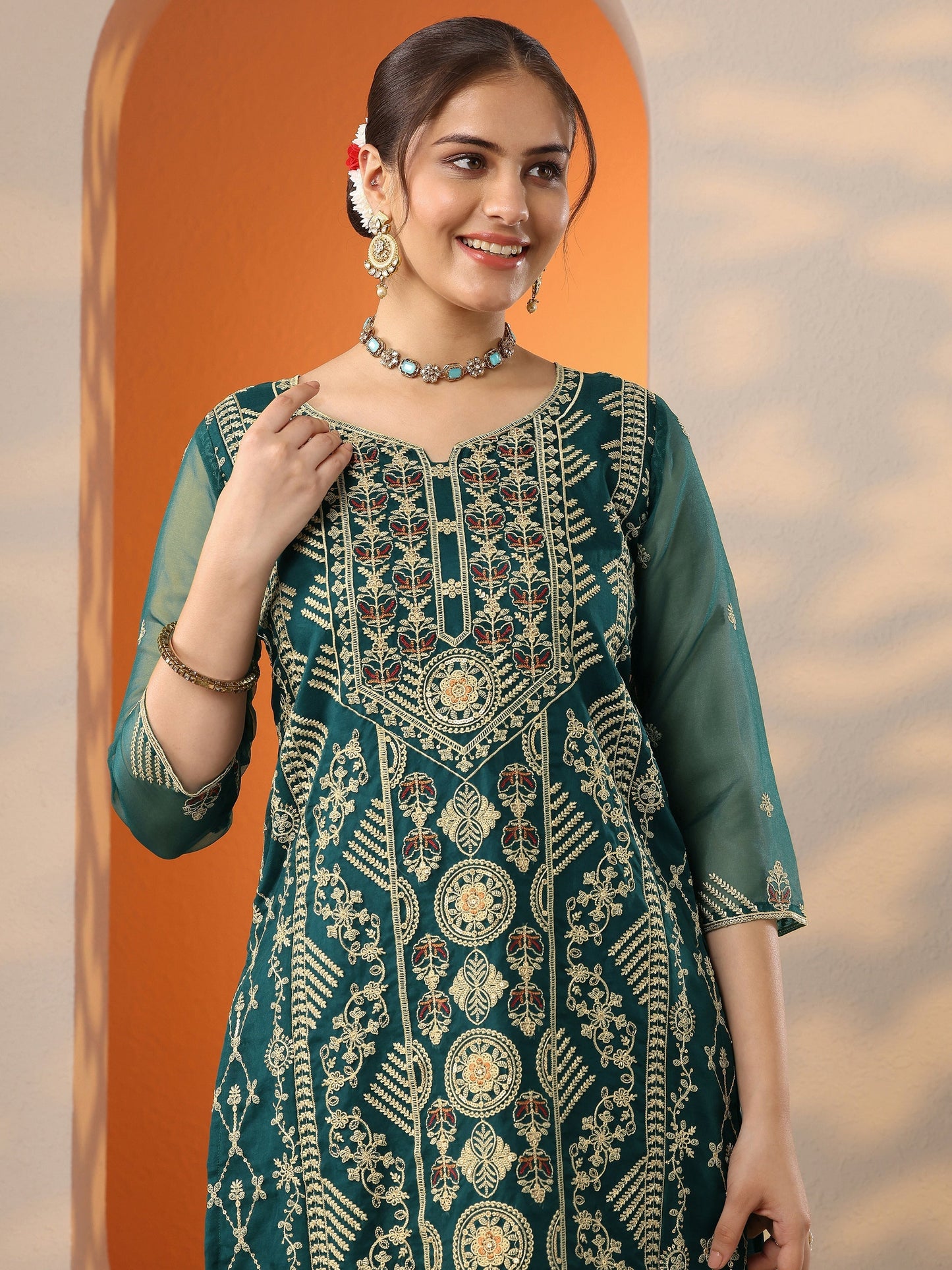 Teal Embroidered Organza Straight Suit Set With Dupatta