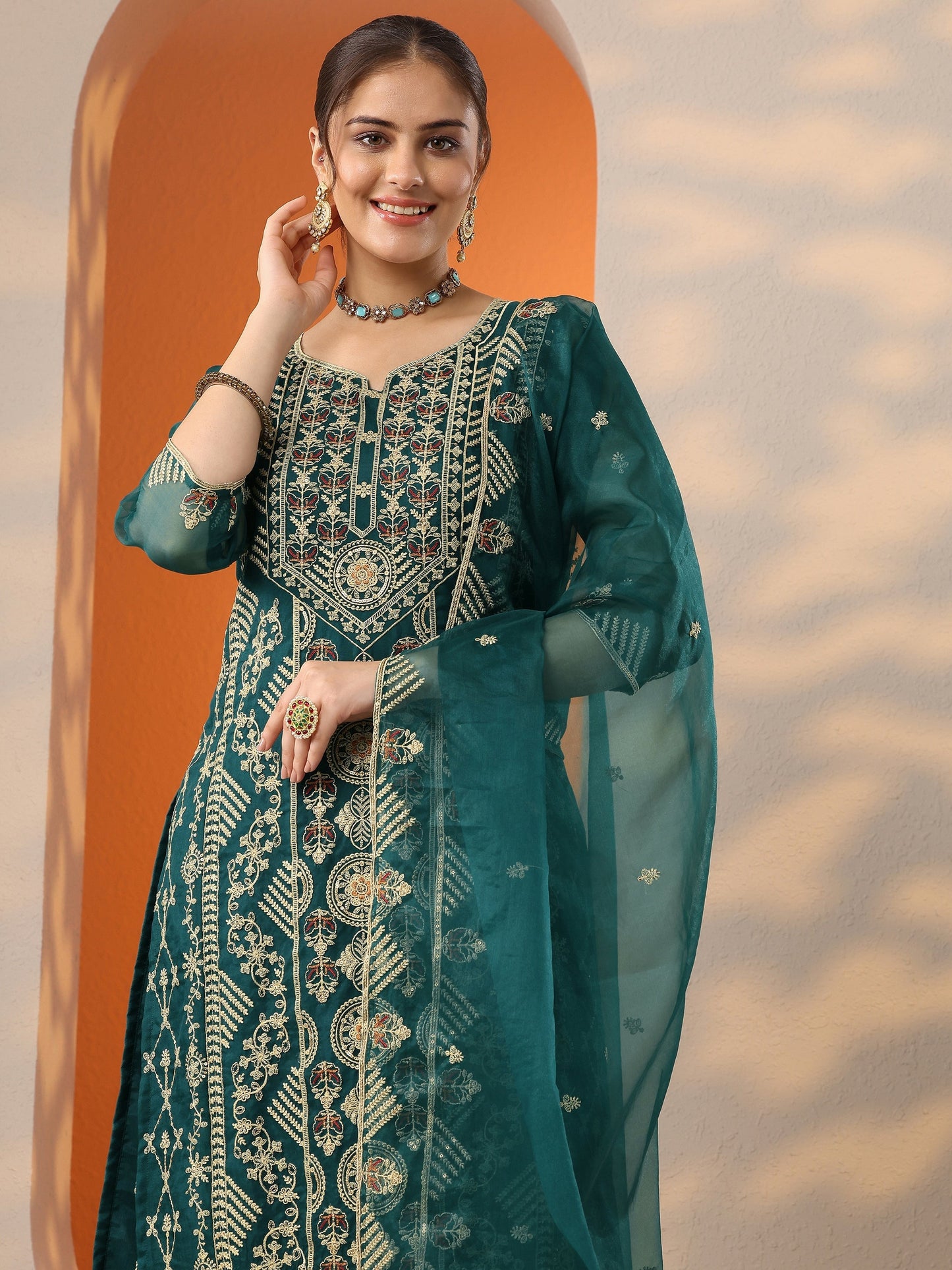 Teal Embroidered Organza Straight Suit Set With Dupatta