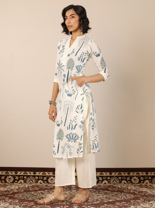 Off White Printed Cotton Straight Kurta Set