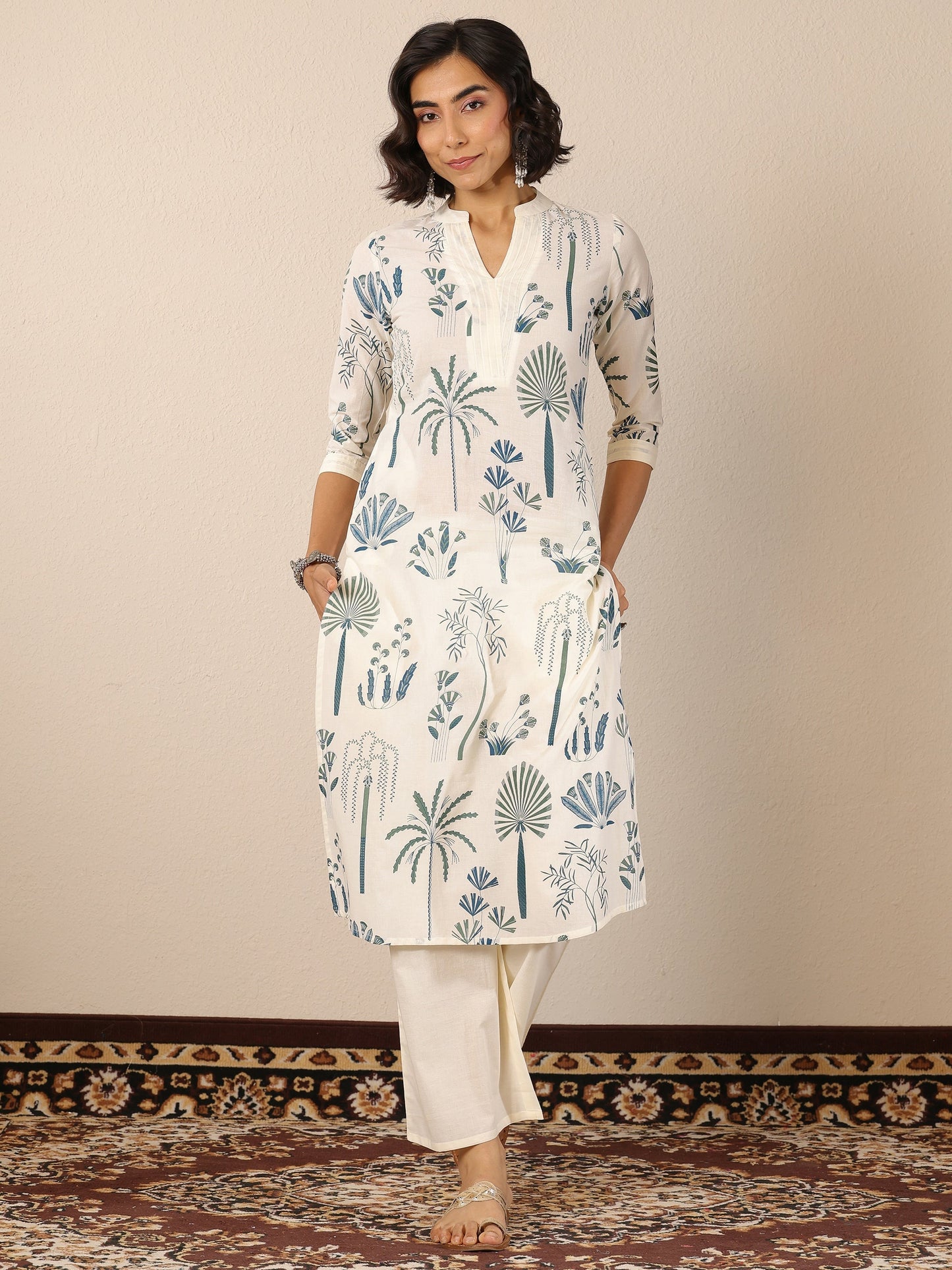 Off White Printed Cotton Straight Kurta Set