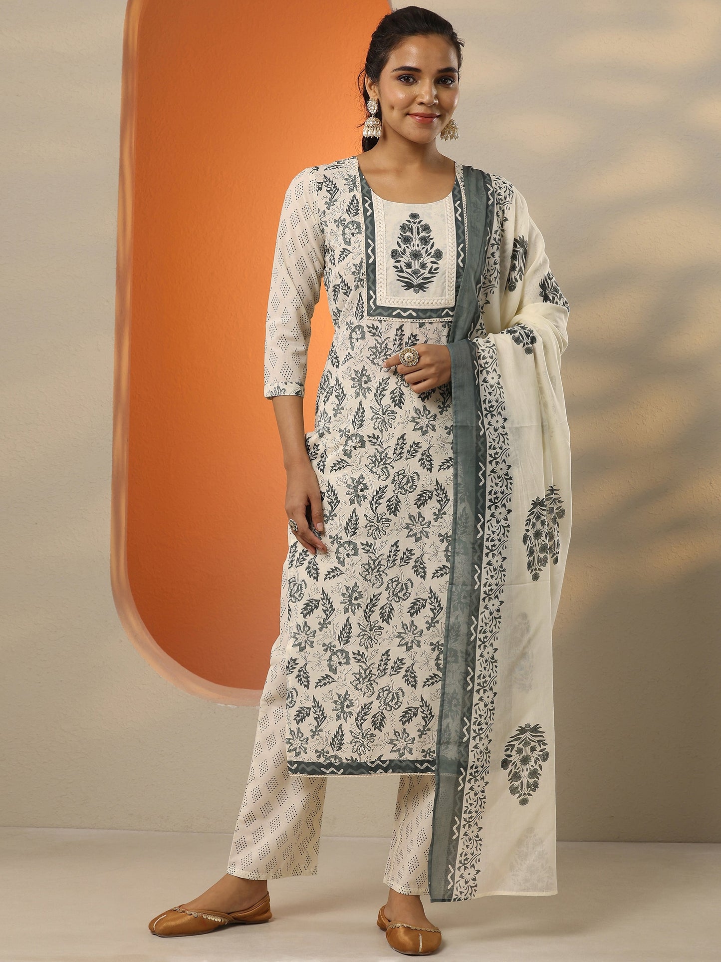 Off White Printed Cotton Straight Suit Set With Dupatta