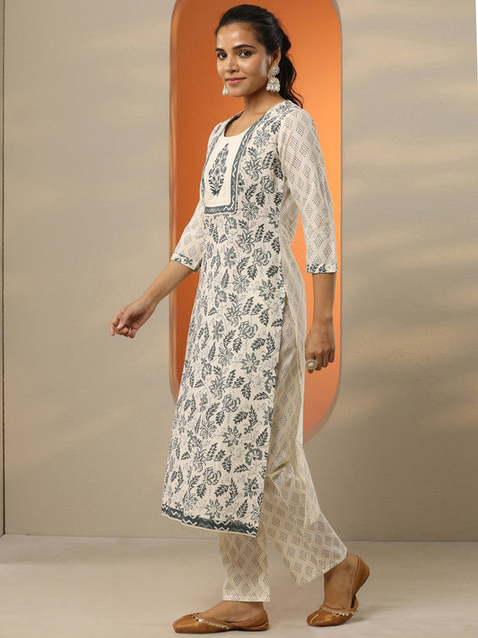 Off White Printed Cotton Straight Suit Set With Dupatta