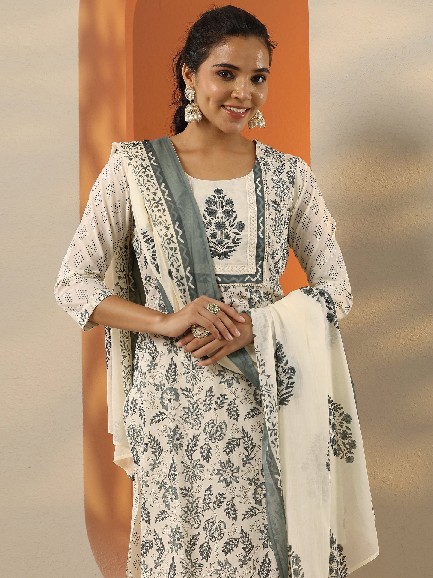 Off White Printed Cotton Straight Suit Set With Dupatta