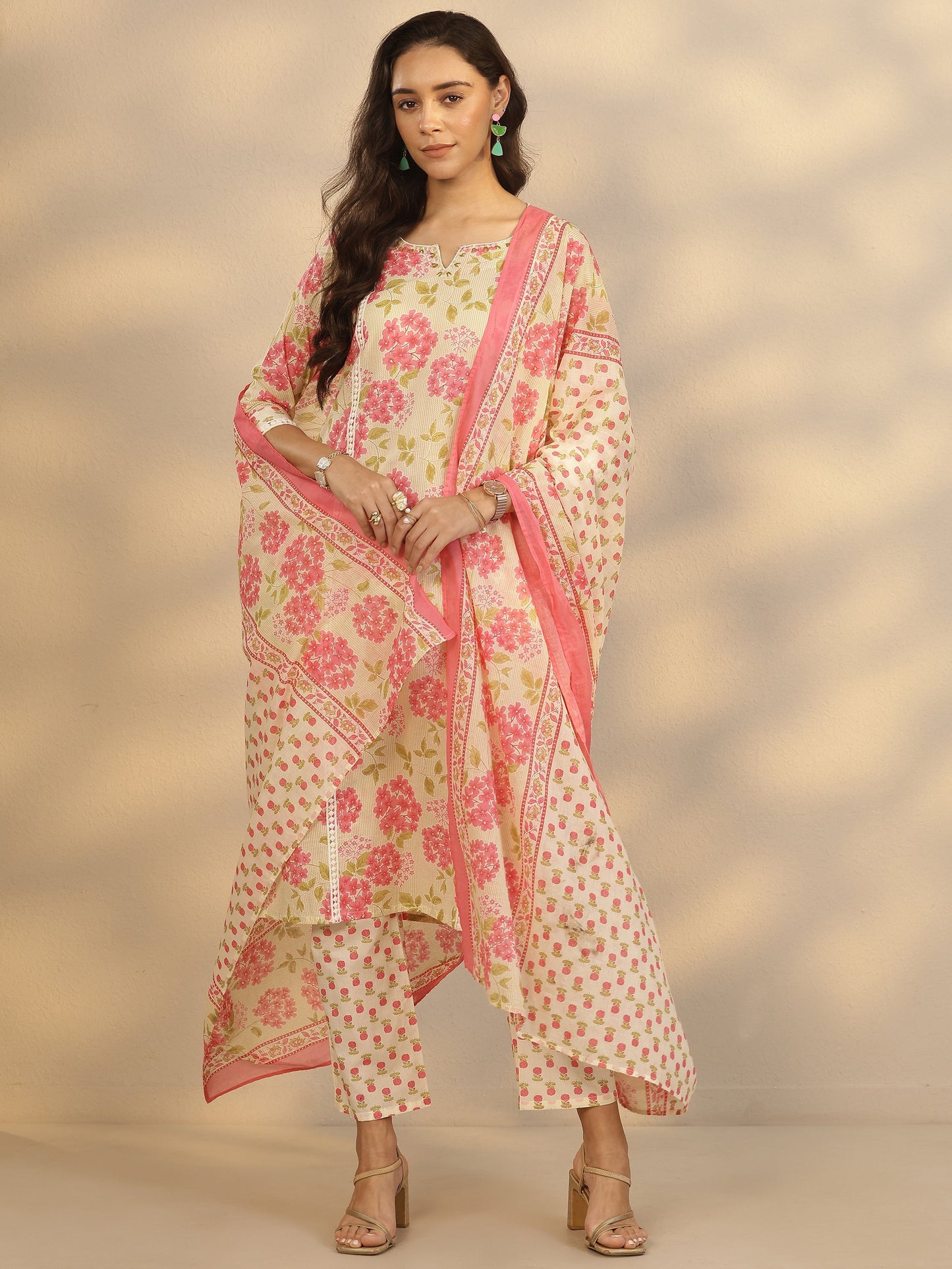 Cream Printed Cotton Straight Suit Set With Dupatta