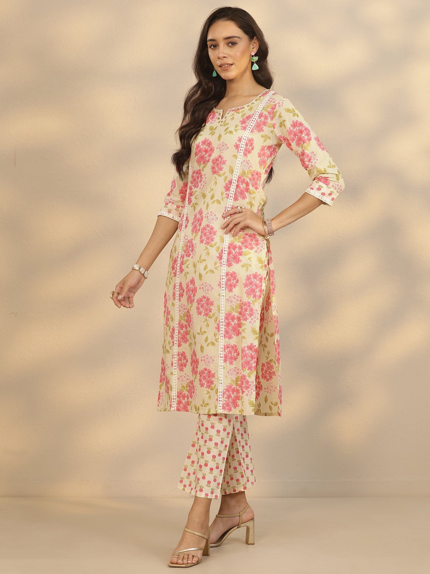 Cream Printed Cotton Straight Suit Set With Dupatta