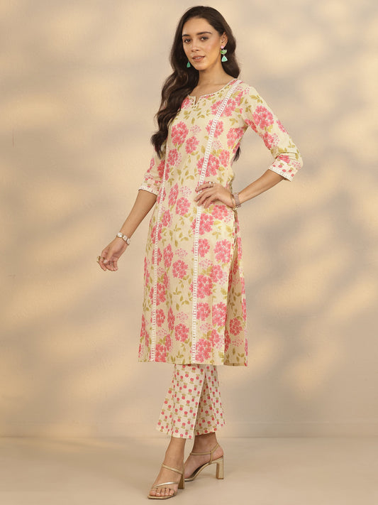 Cream Printed Cotton Straight Suit Set With Dupatta