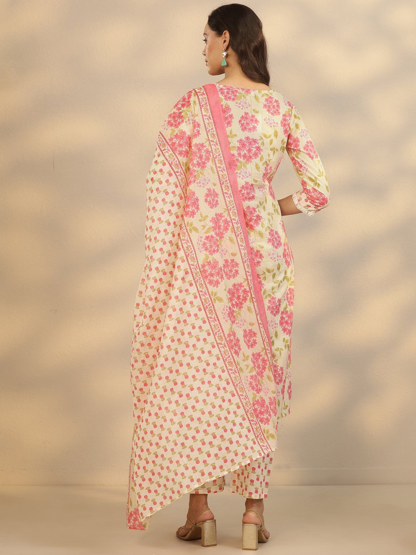 Cream Printed Cotton Straight Suit Set With Dupatta