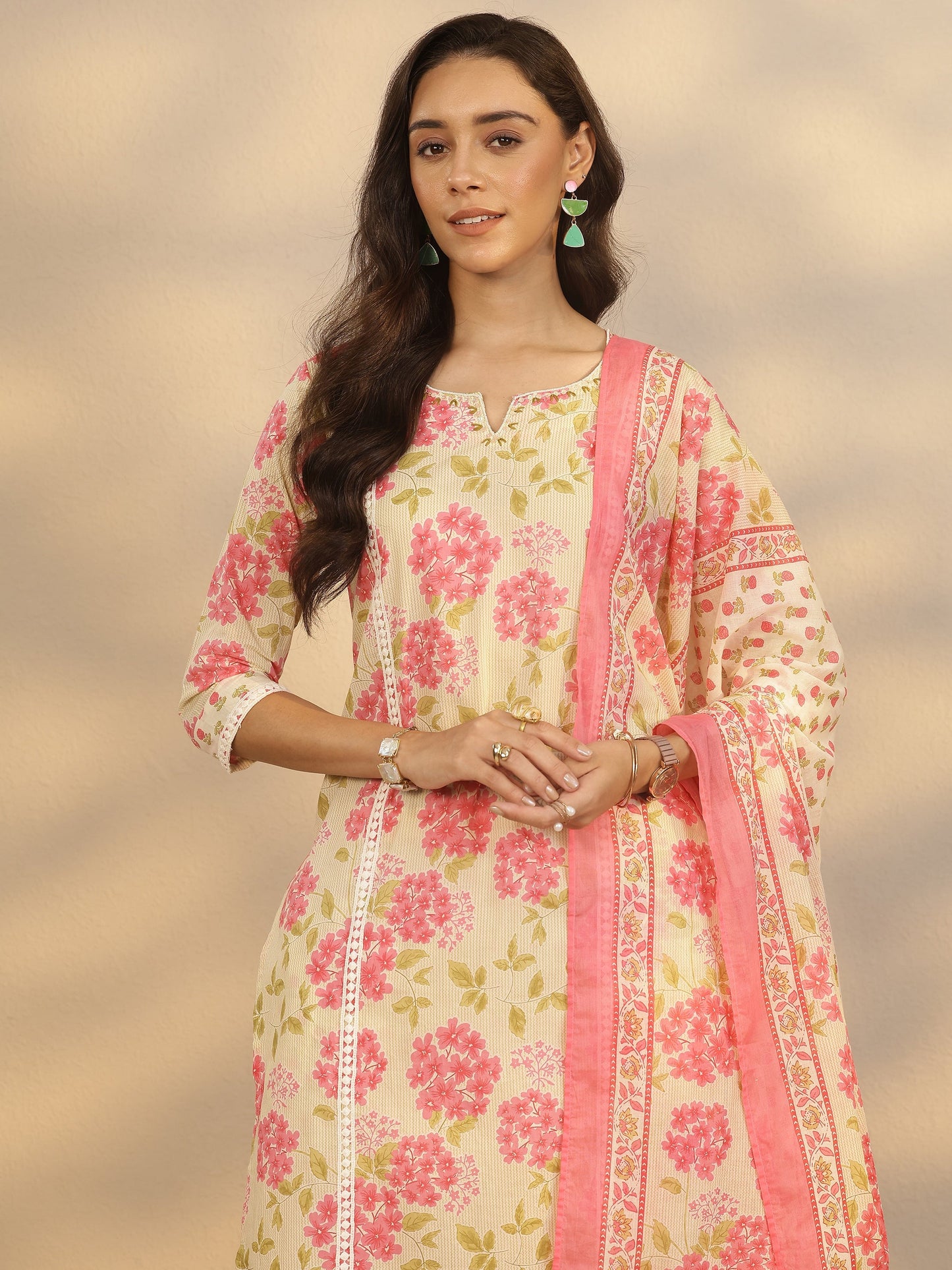 Cream Printed Cotton Straight Suit Set With Dupatta