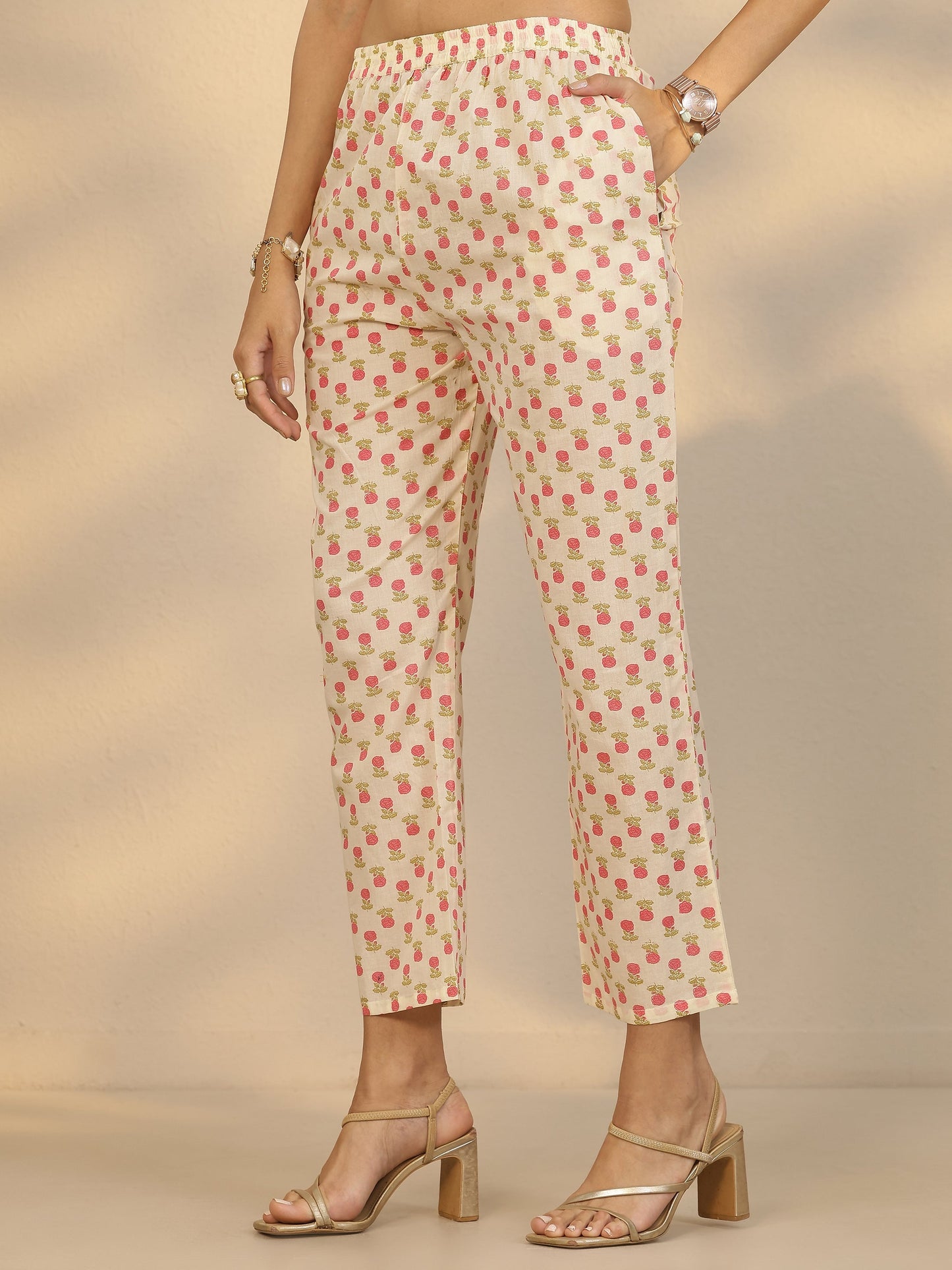 Cream Printed Cotton Straight Suit Set With Dupatta