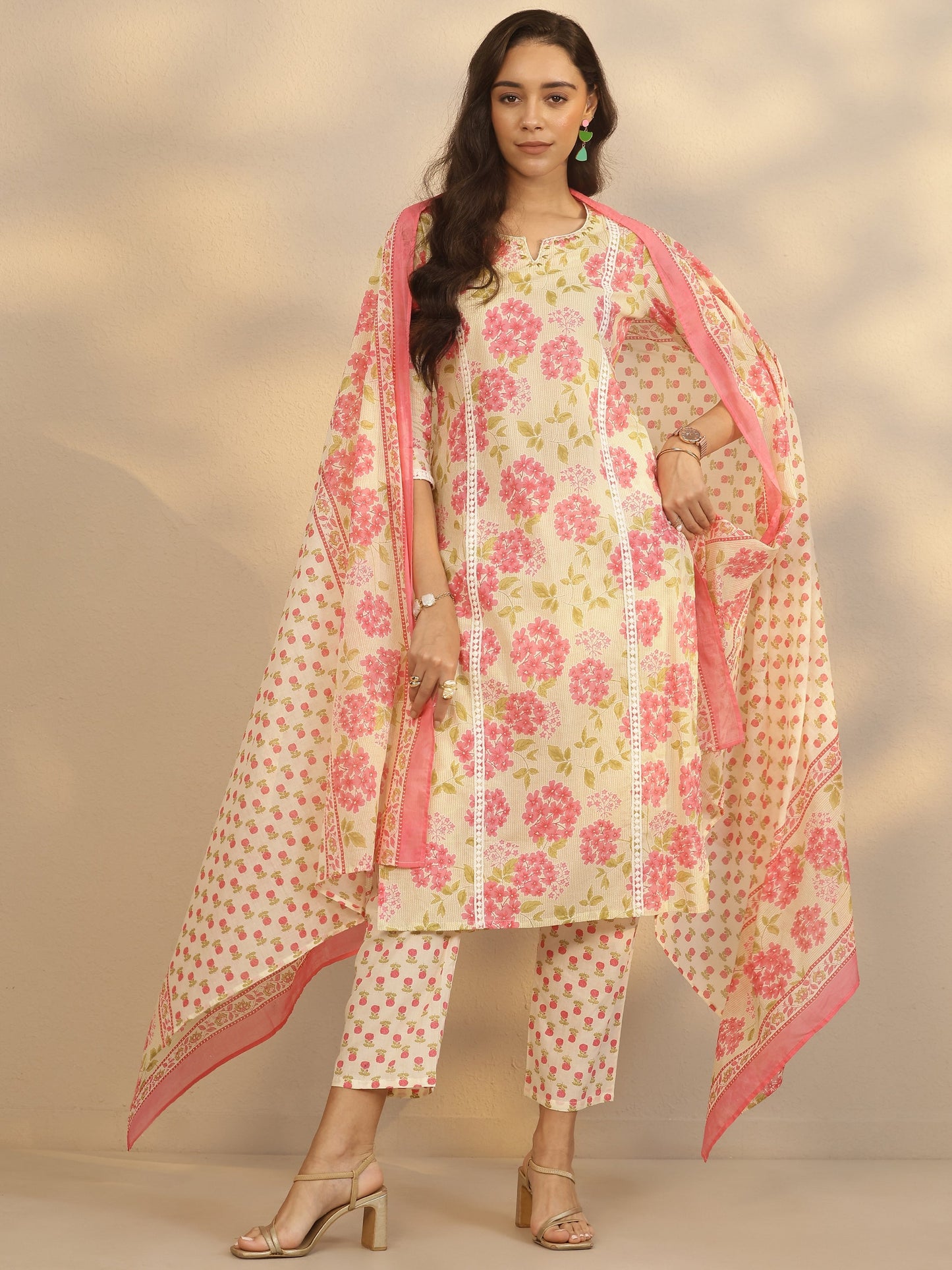 Cream Printed Cotton Straight Suit Set With Dupatta