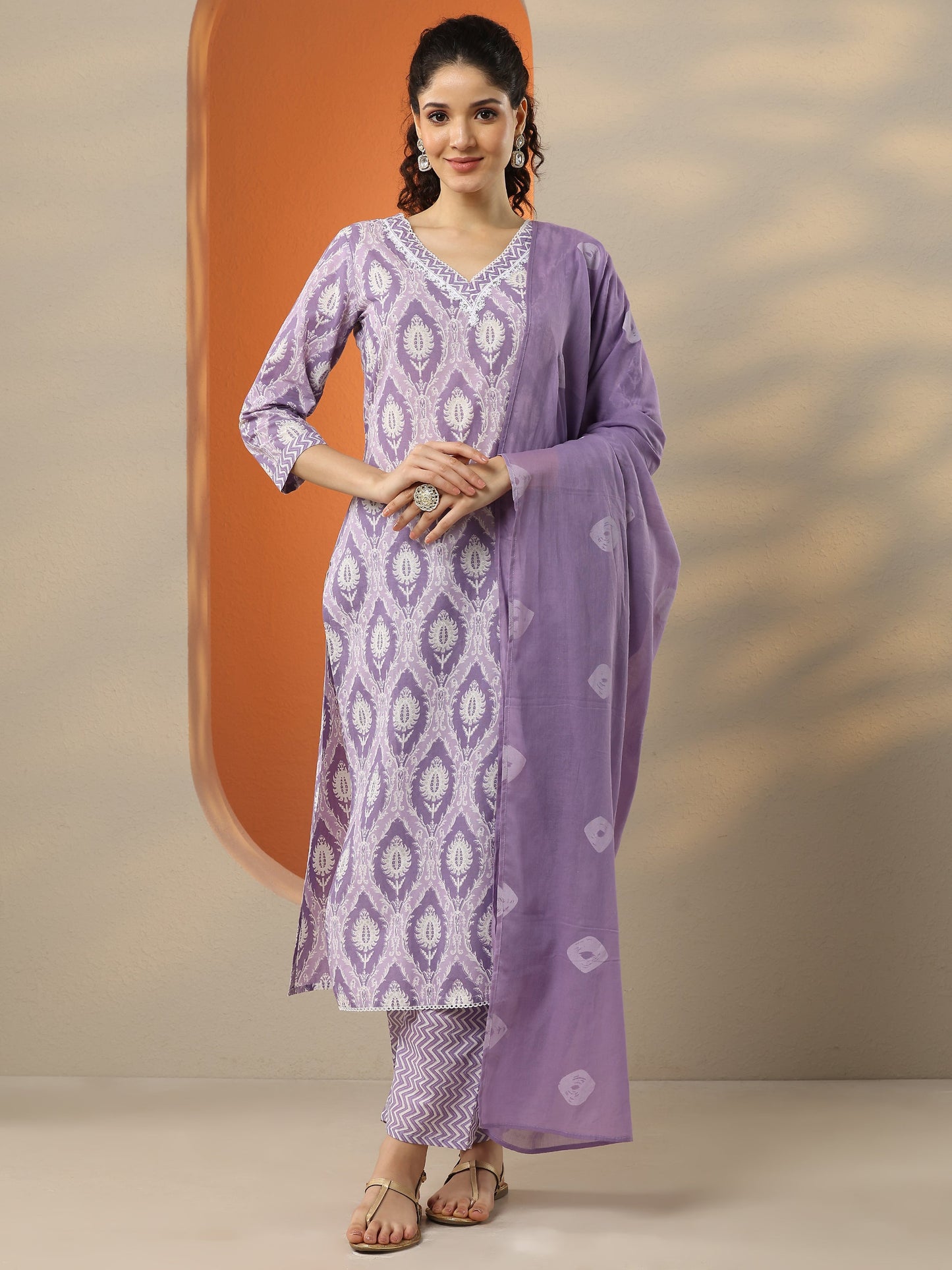 Lavender Printed Cotton Blend  Straight Suit Set With Dupatta