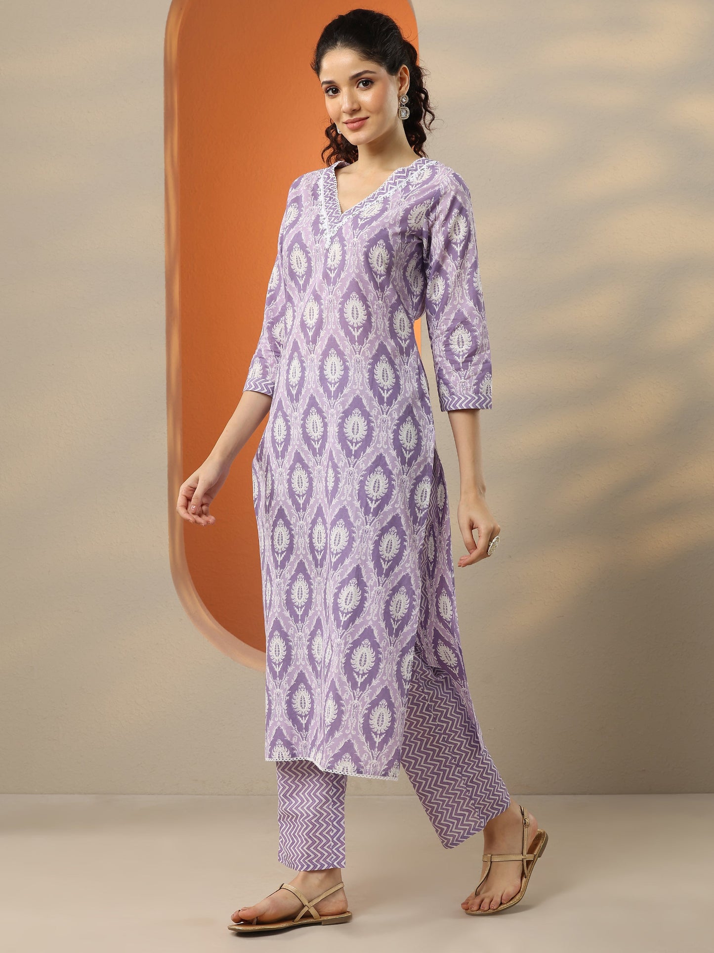 Lavender Printed Cotton Blend  Straight Suit Set With Dupatta