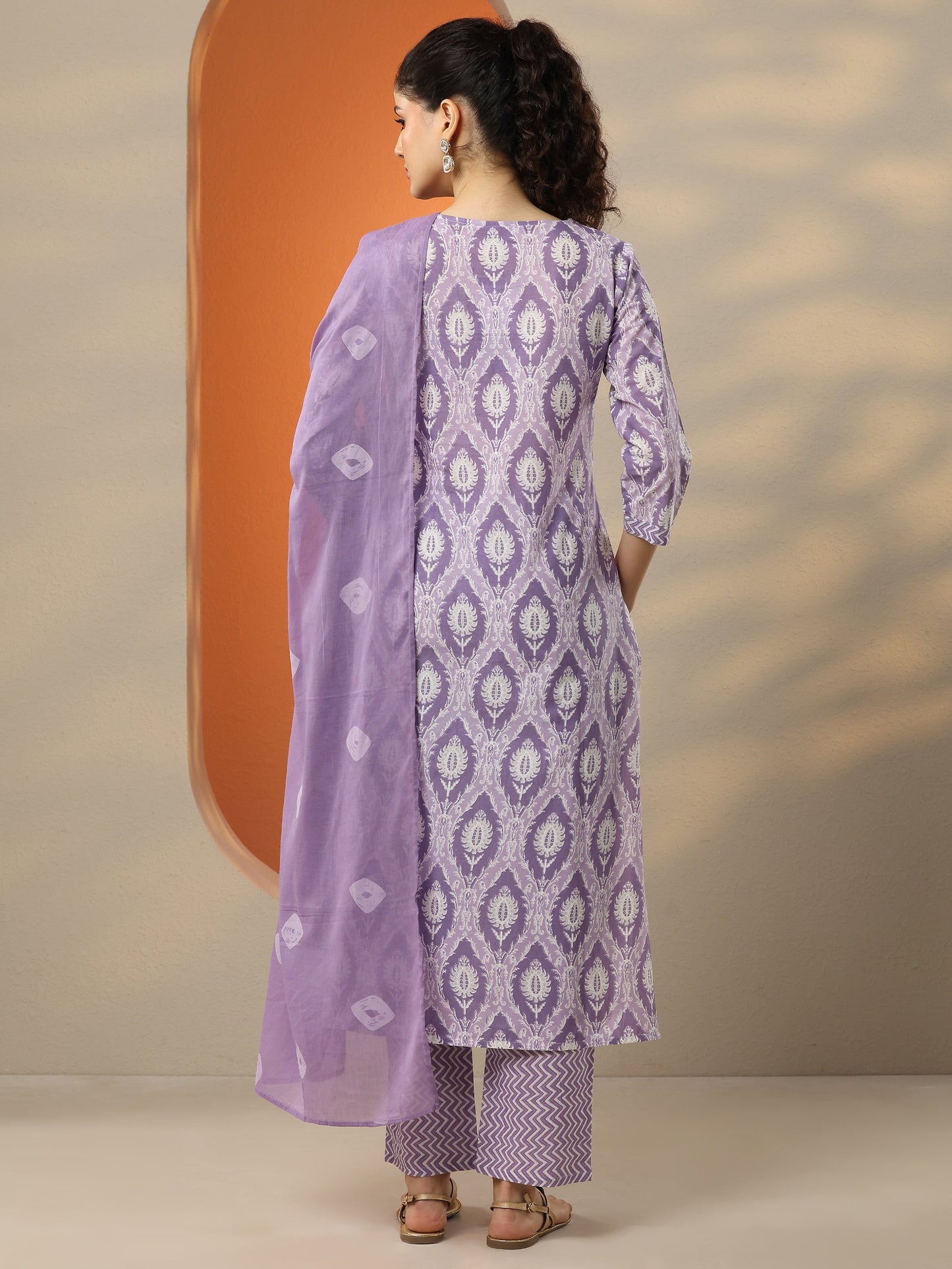 Lavender Printed Cotton Blend  Straight Suit Set With Dupatta