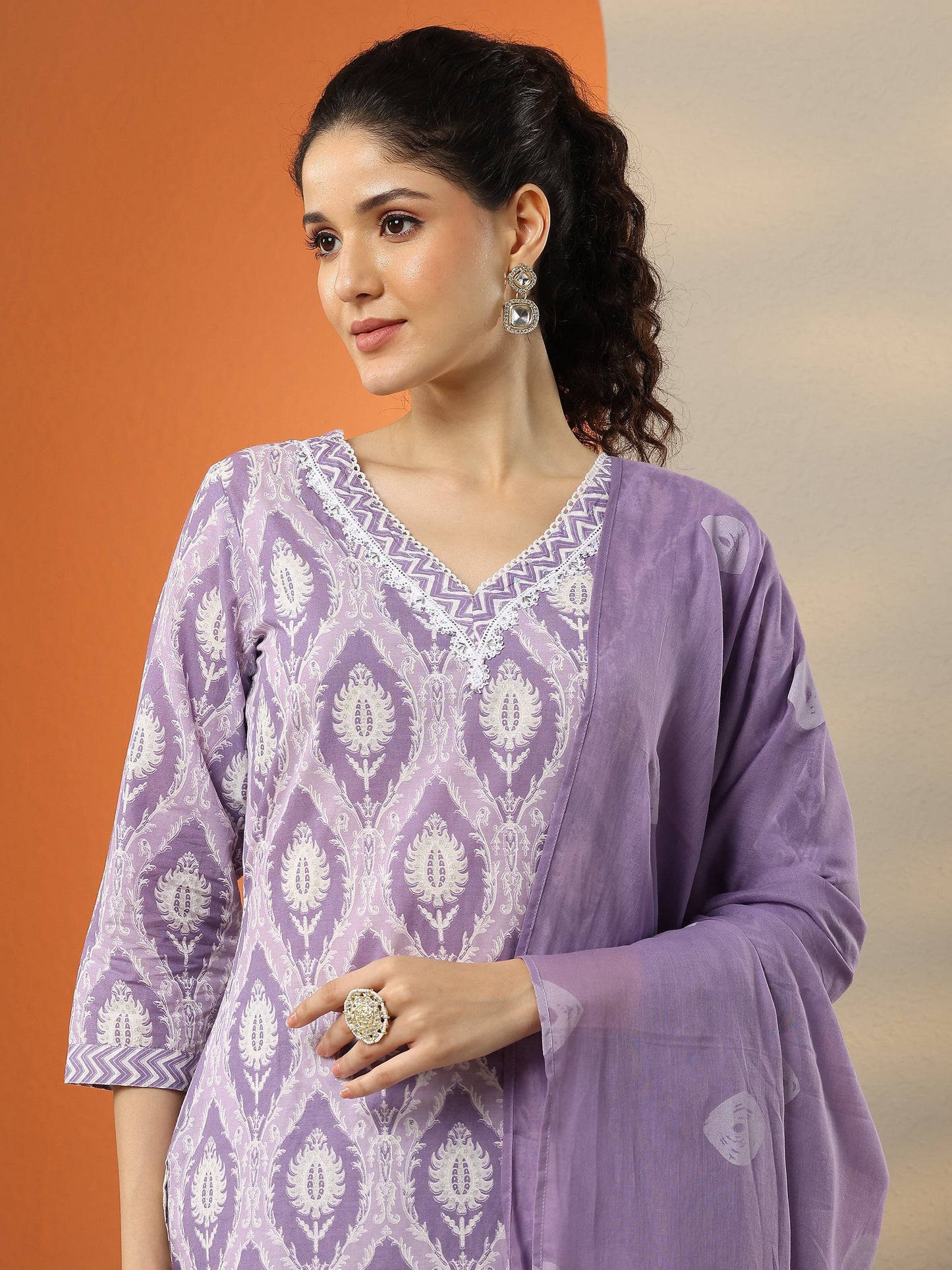Lavender Printed Cotton Blend  Straight Suit Set With Dupatta
