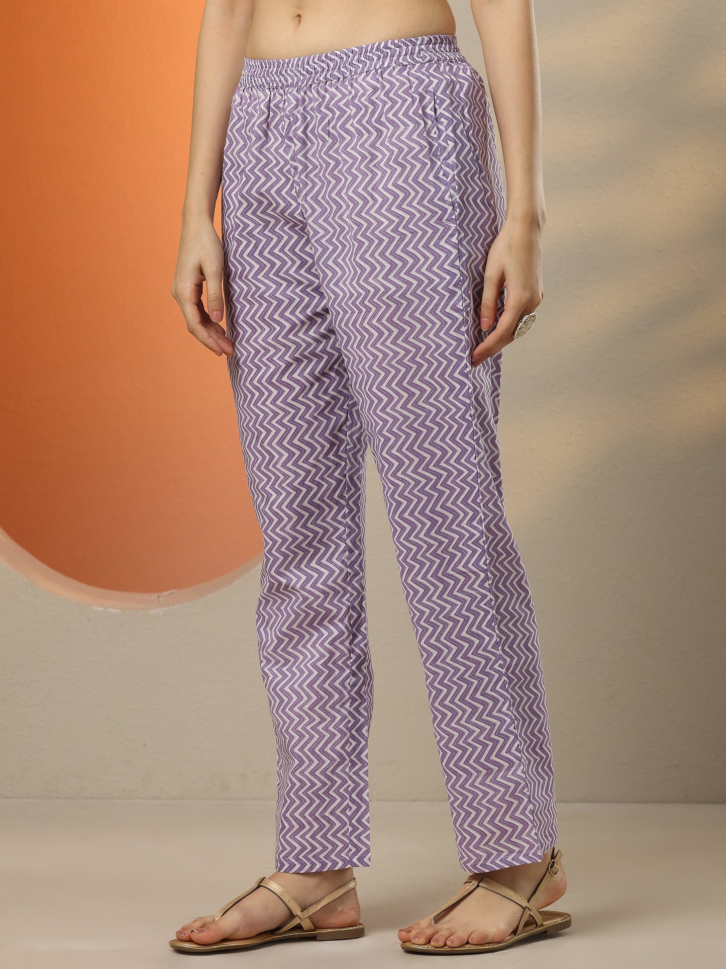 Lavender Printed Cotton Blend  Straight Suit Set With Dupatta