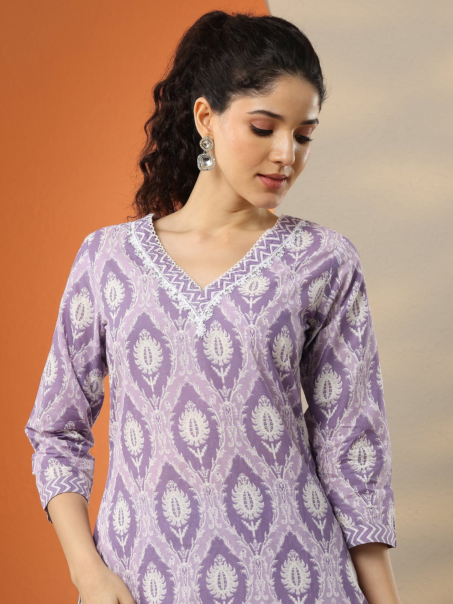Lavender Printed Cotton Blend  Straight Suit Set With Dupatta