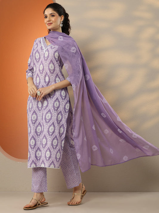 Lavender Printed Cotton Blend  Straight Suit Set With Dupatta
