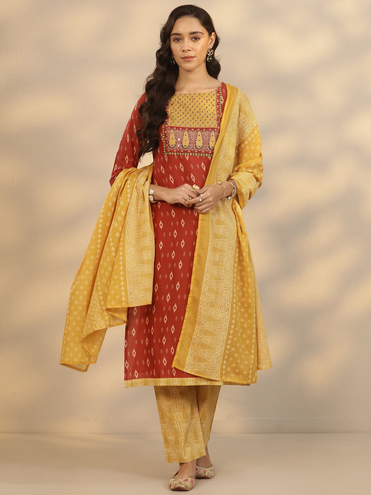 Maroon Printed Cotton Straight Suit Set With Dupatta