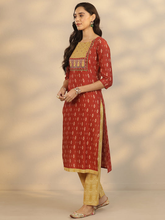 Maroon Printed Cotton Straight Suit Set With Dupatta