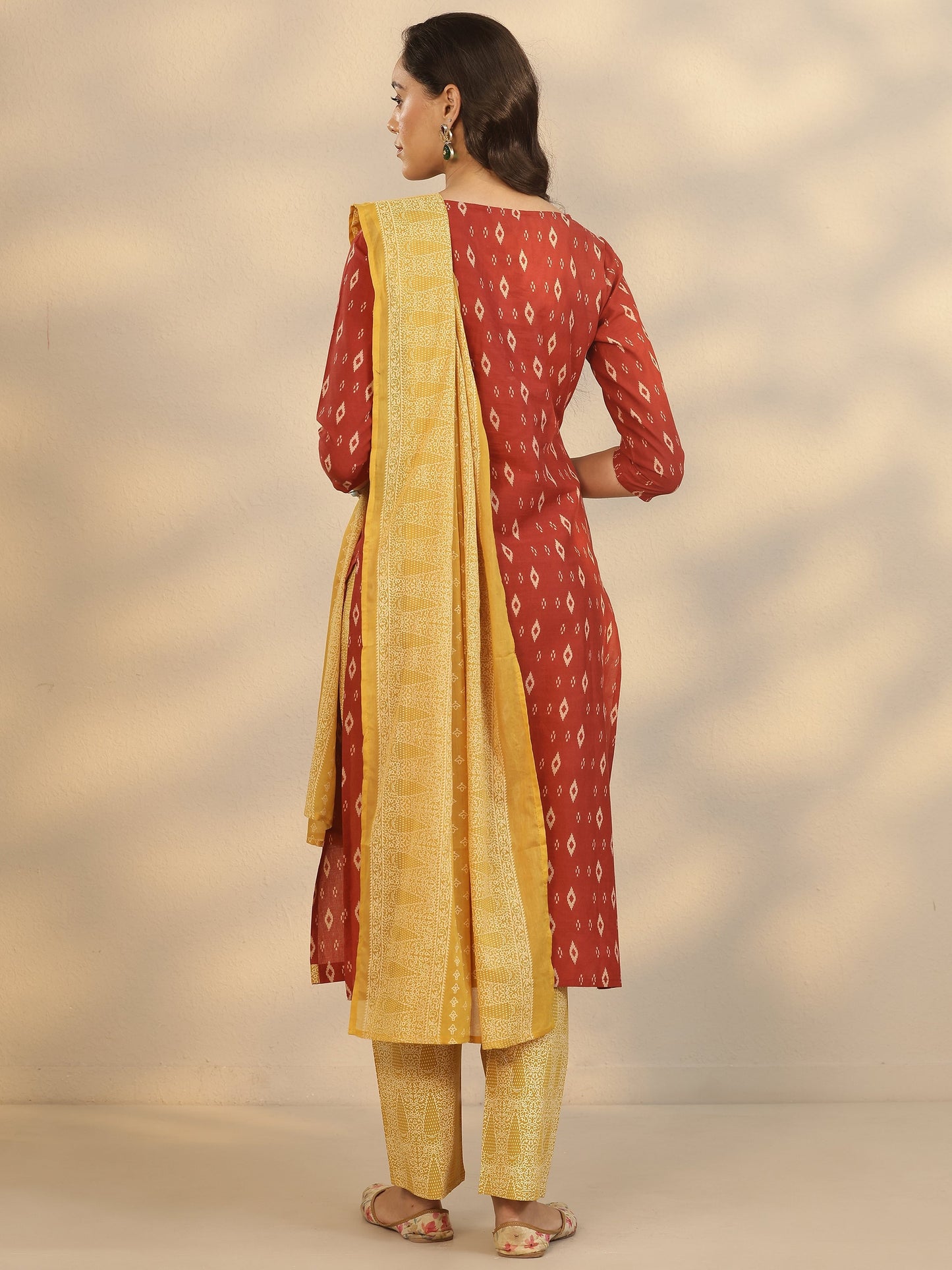 Maroon Printed Cotton Straight Suit Set With Dupatta