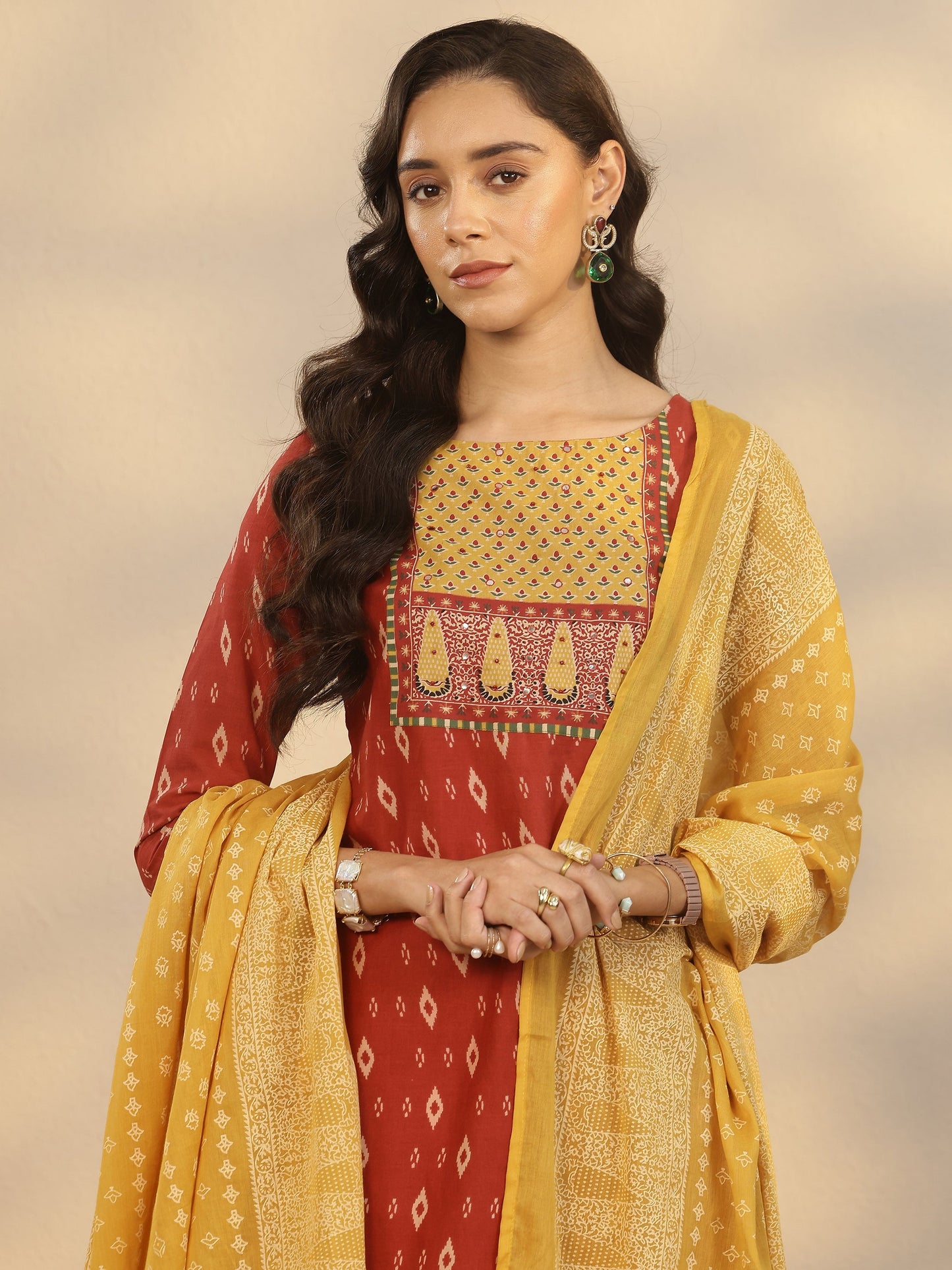 Maroon Printed Cotton Straight Suit Set With Dupatta