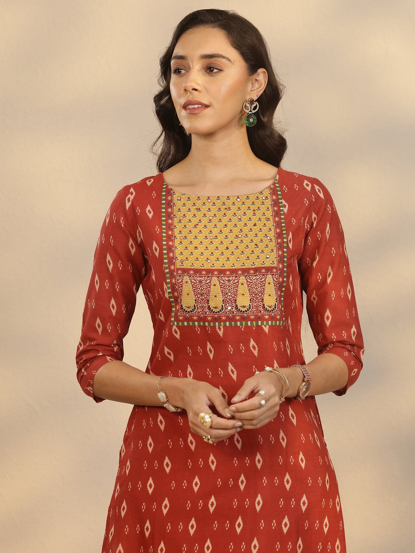 Maroon Printed Cotton Straight Suit Set With Dupatta