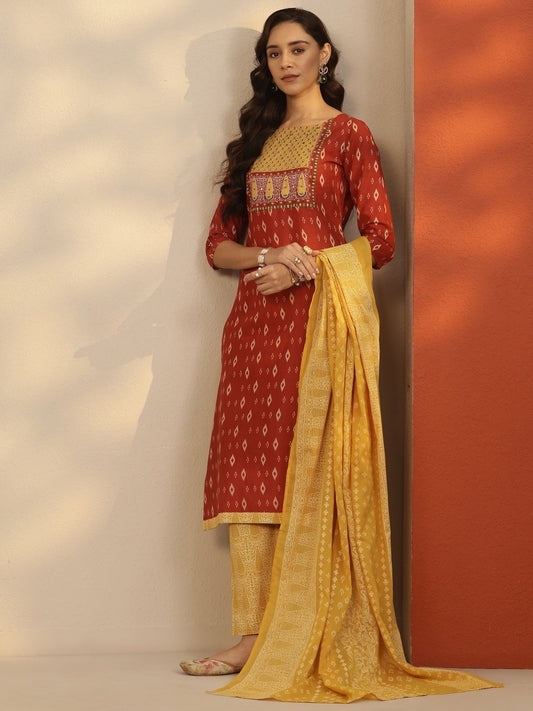 Maroon Printed Cotton Straight Suit Set With Dupatta