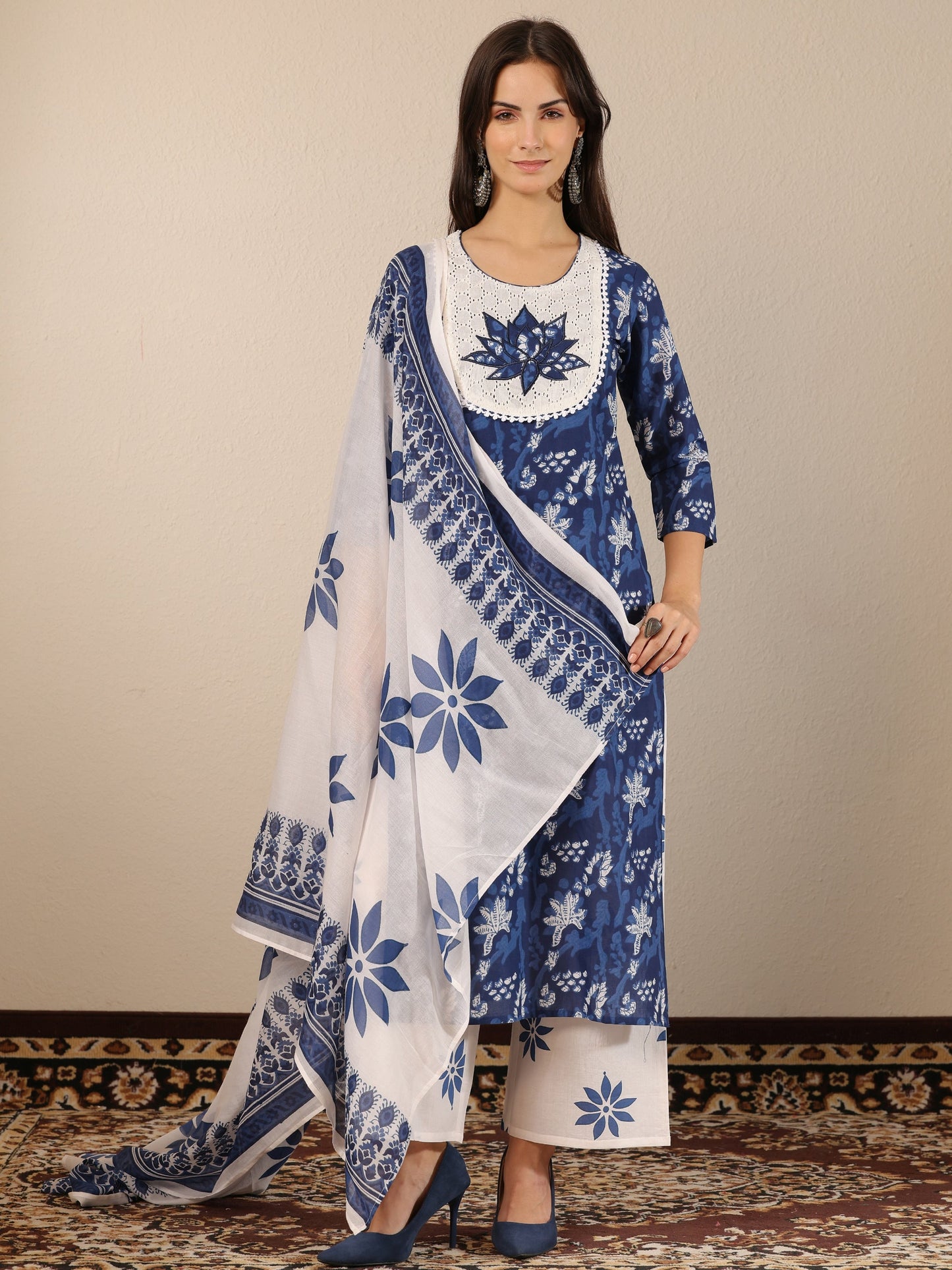 Blue Printed Cotton Straight Suit Set With Dupatta
